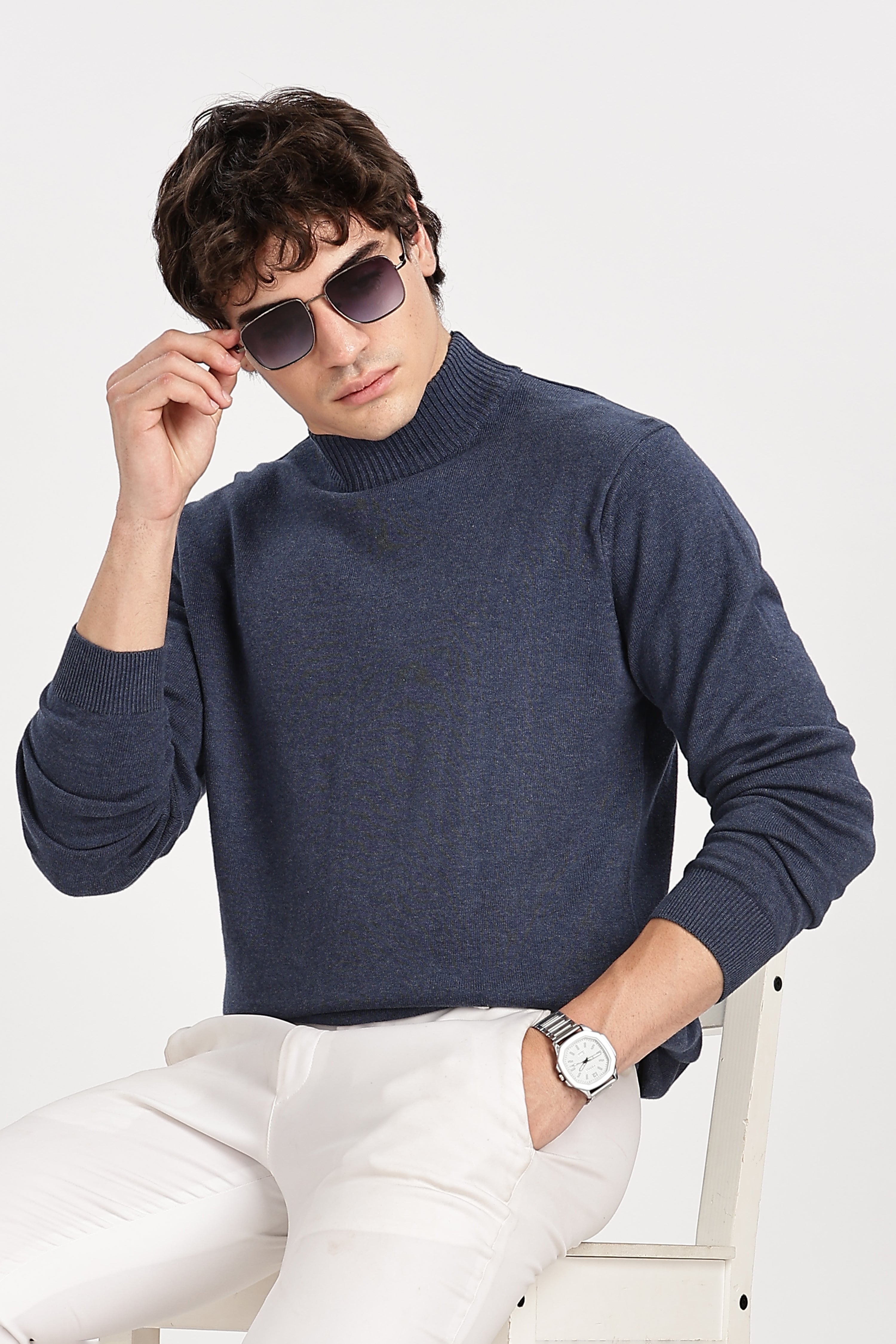 Denim Blue Men's Solid High Neck Sweater