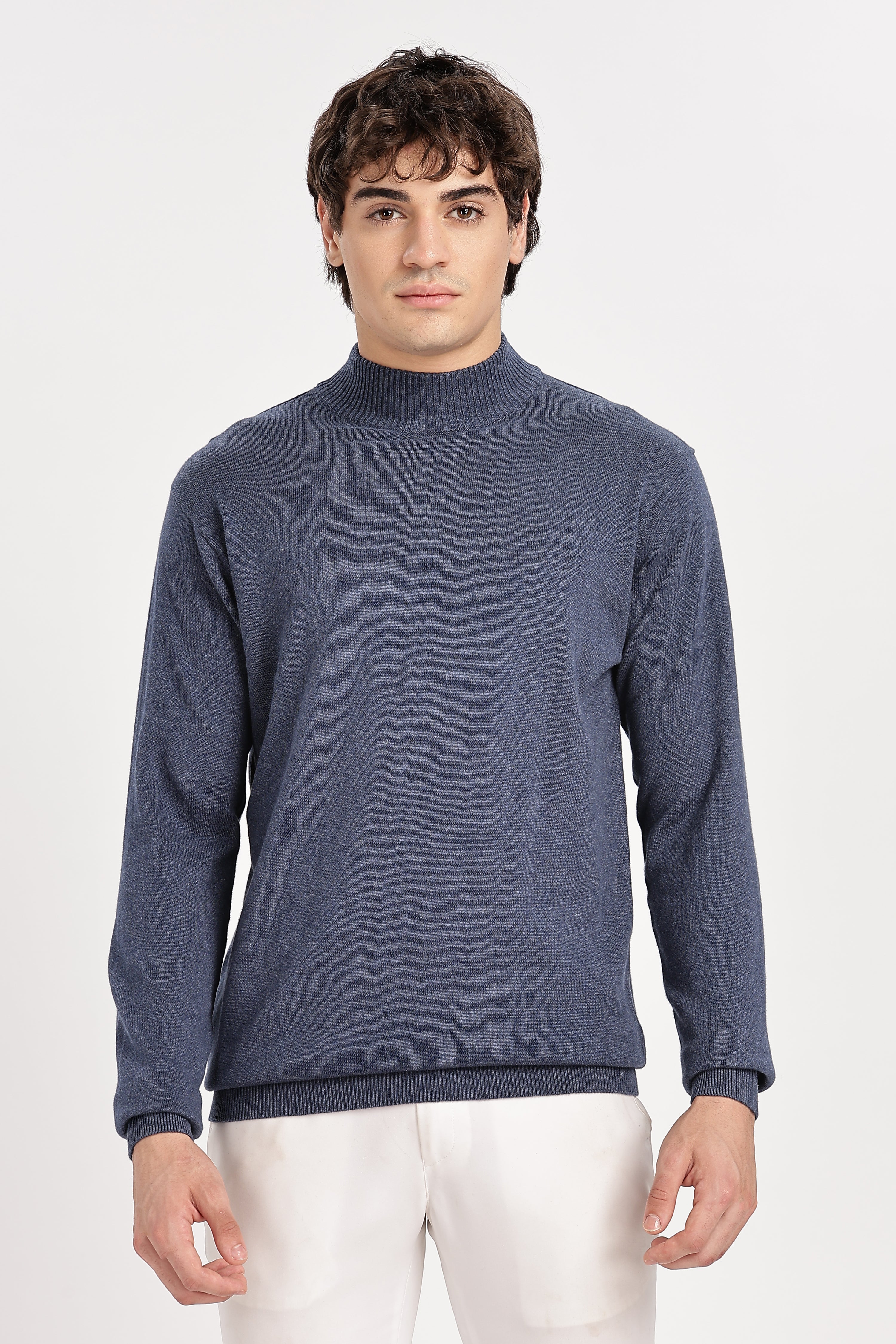 Denim Blue Men's Solid High Neck Sweater