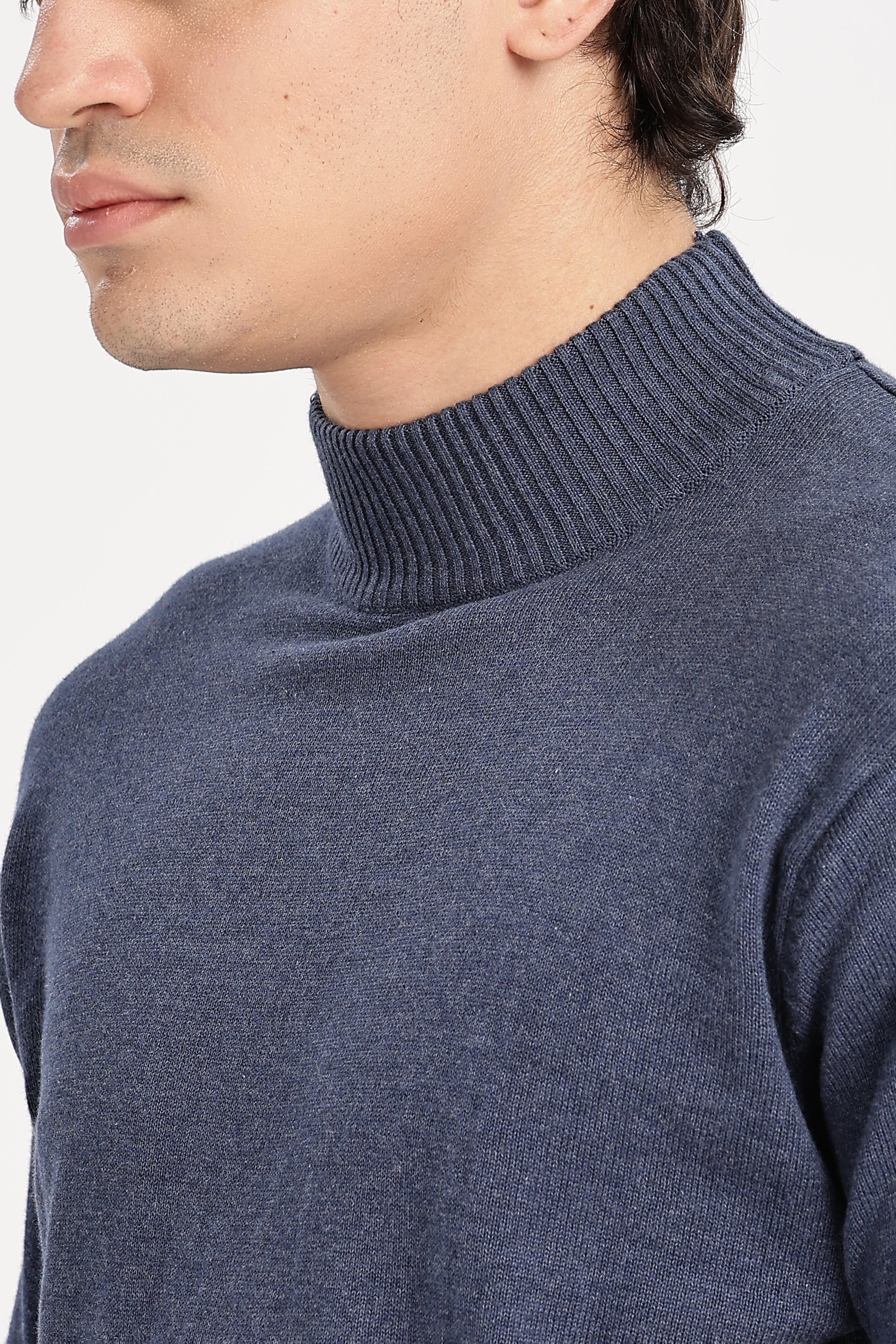 Denim Blue Men's Solid High Neck Sweater
