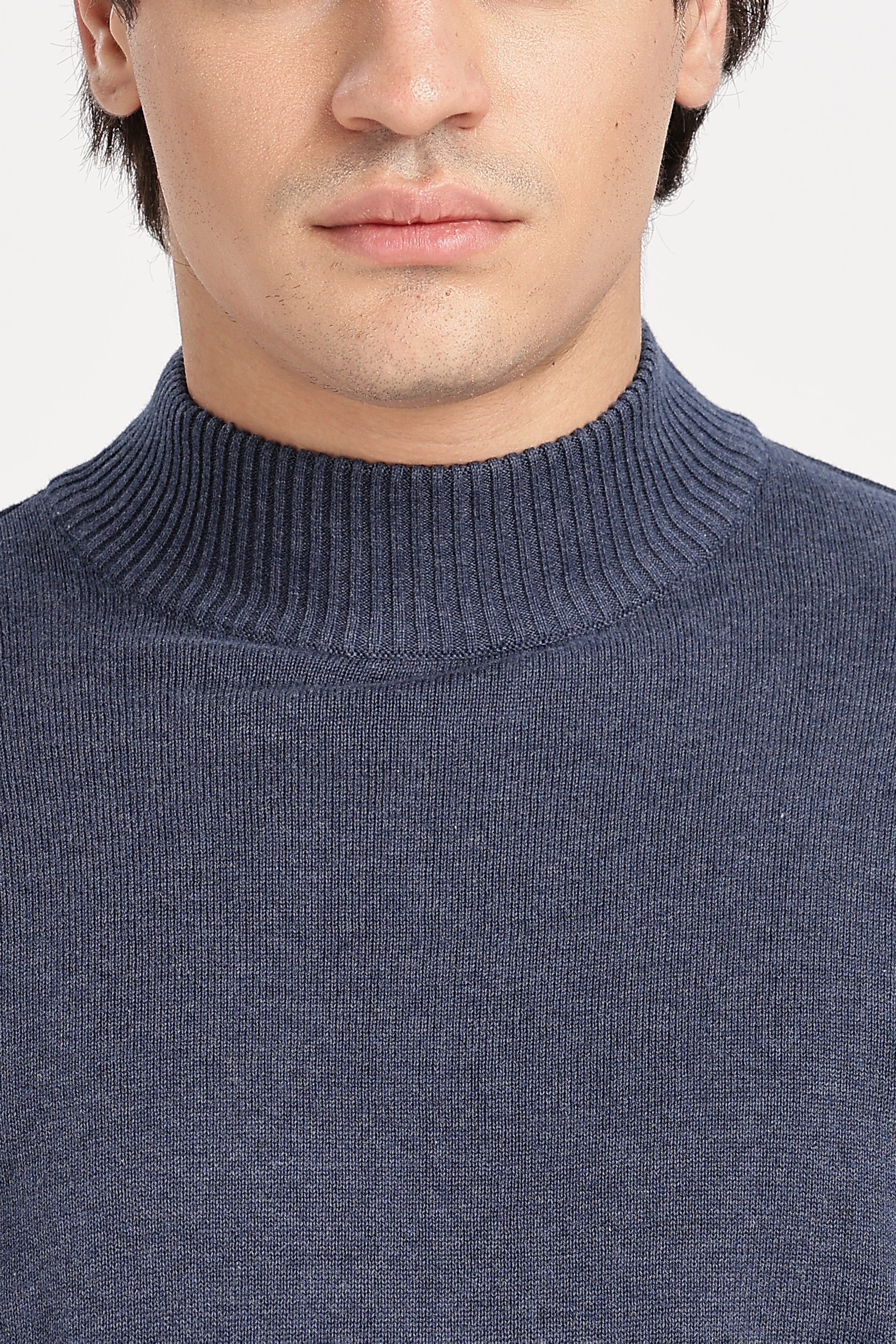Denim Blue Men's Solid High Neck Sweater