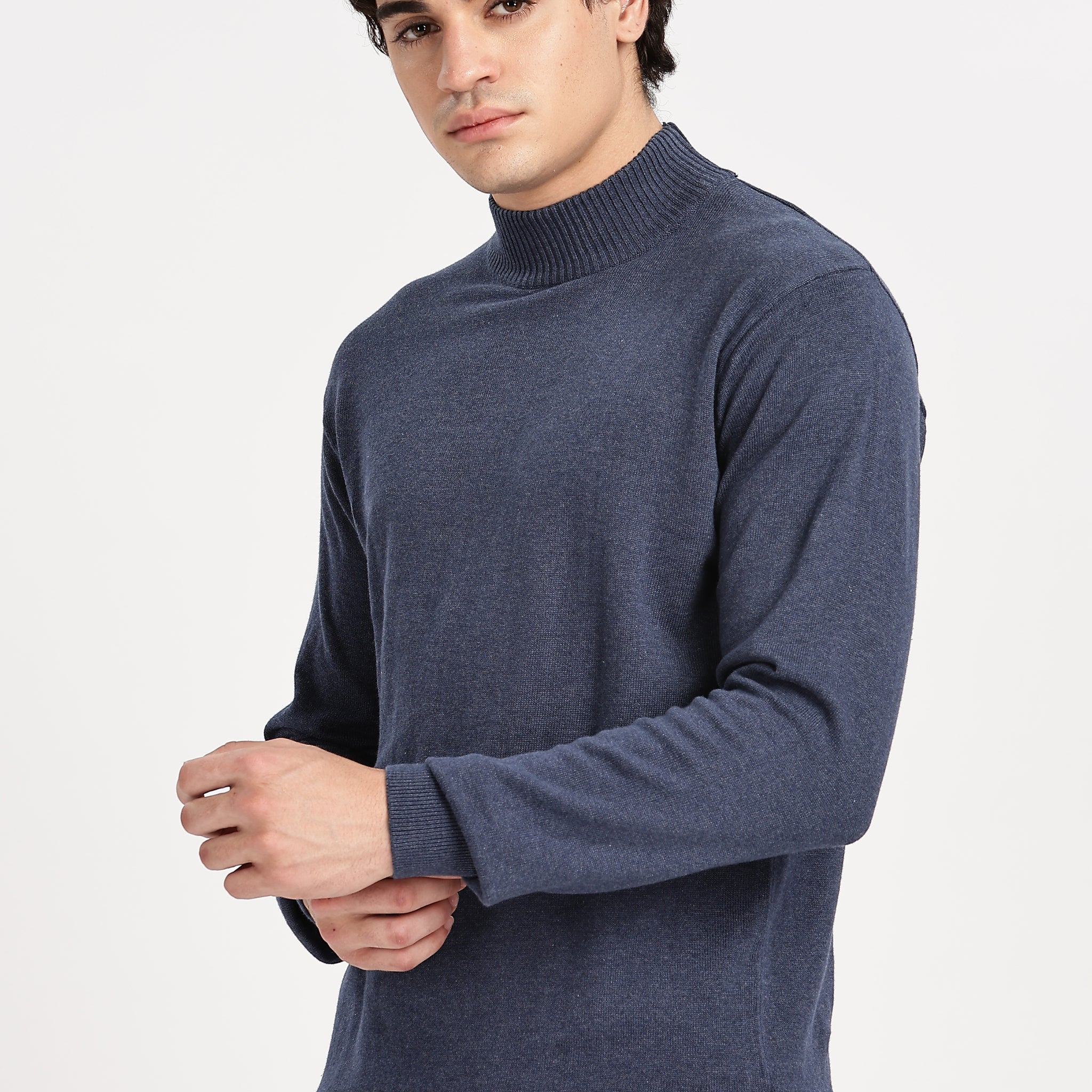 Denim Blue Men's Solid High Neck Pullover Sweater (Article - 27442)