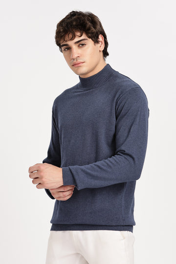 Denim Blue Men's Solid High Neck Pullover Sweater (Article - 27442)