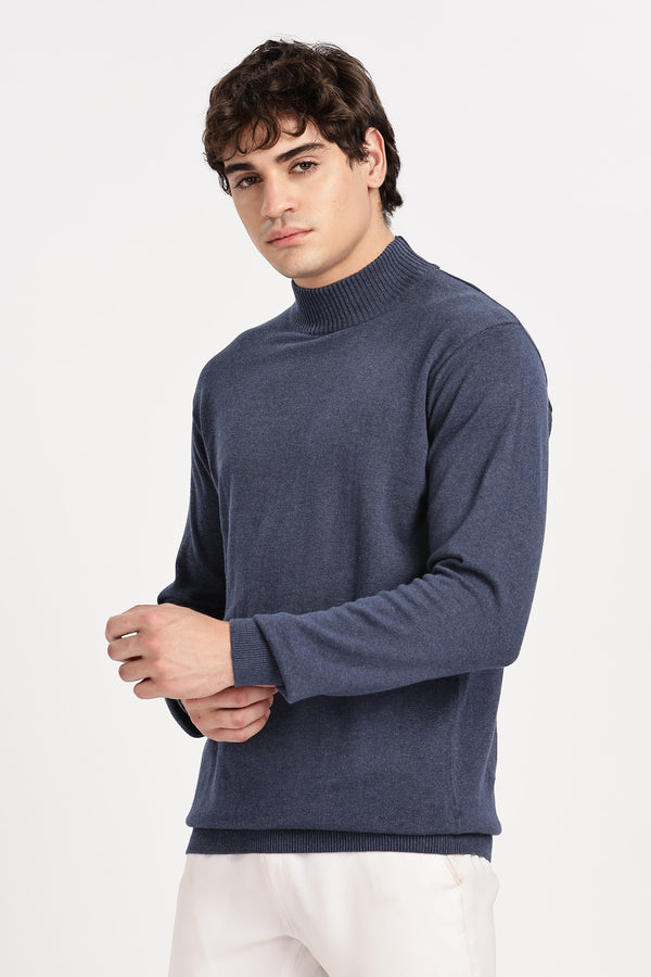 Denim Blue Men's Solid High Neck Sweater