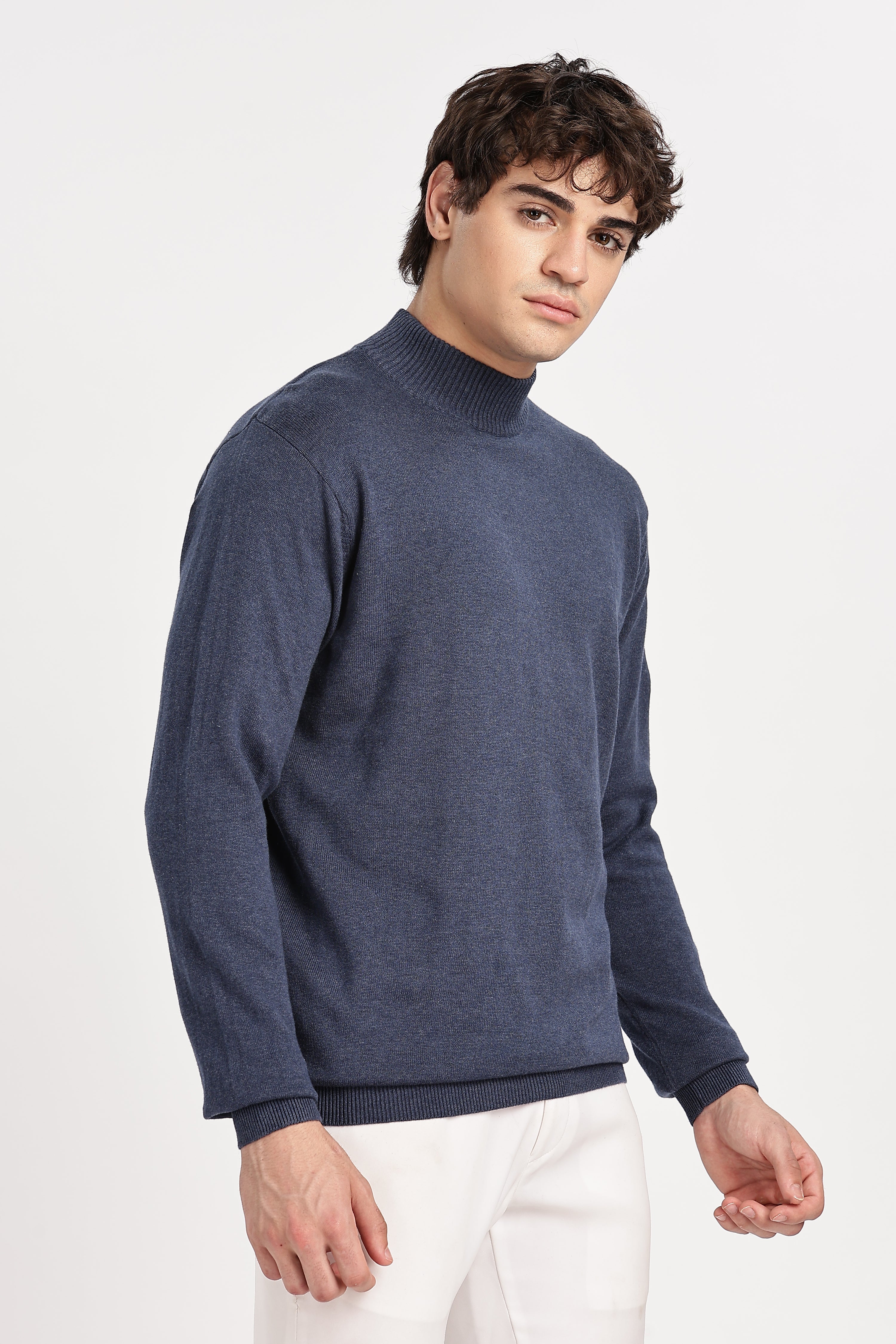 Denim Blue Men's Solid High Neck Sweater