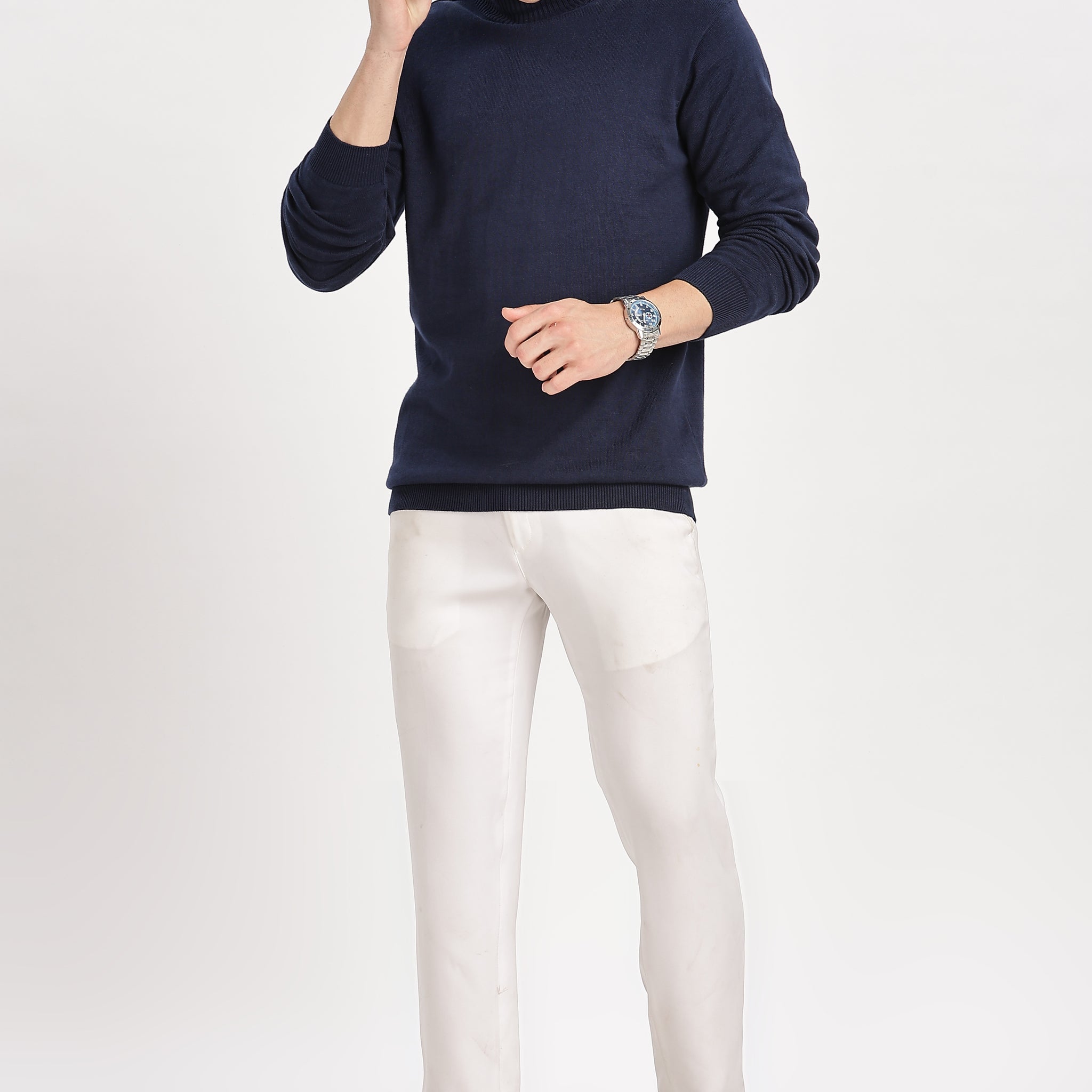 Navy Blue Men's Solid High Neck Pullover Sweater (Article - 27442)