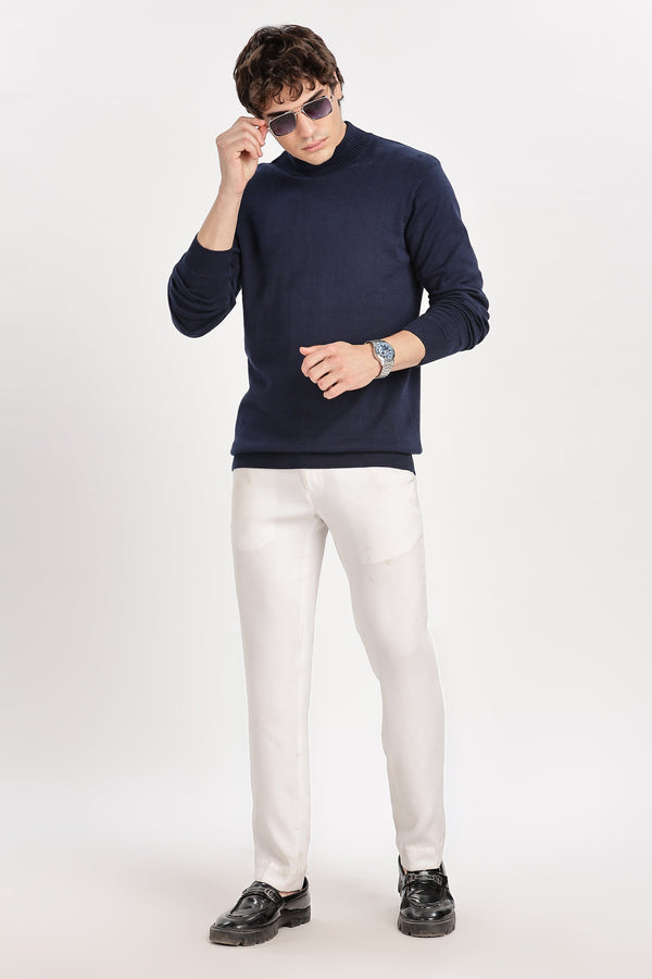 Navy Blue Men's Solid High Neck Sweater