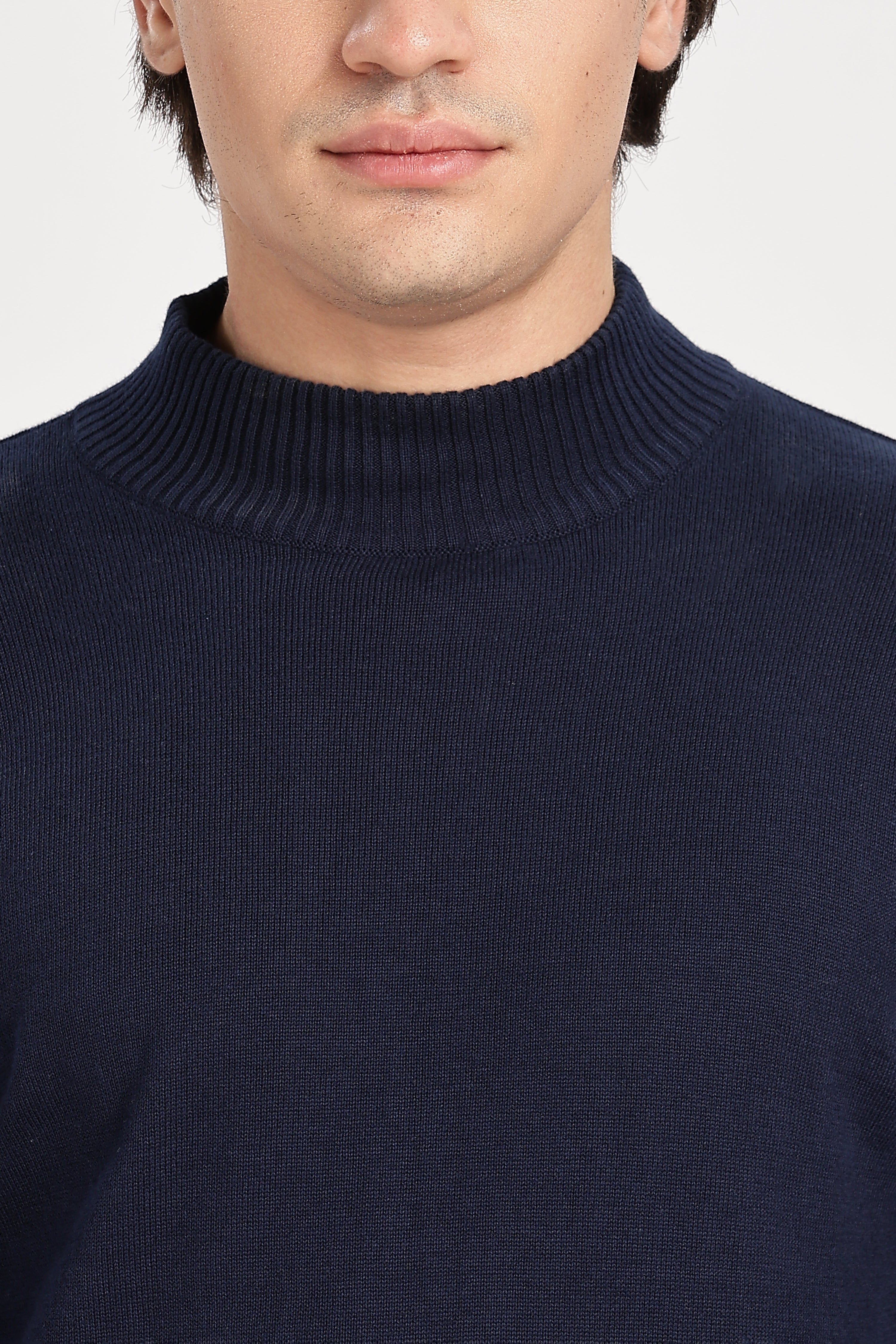 Navy Blue Men's Solid High Neck Sweater