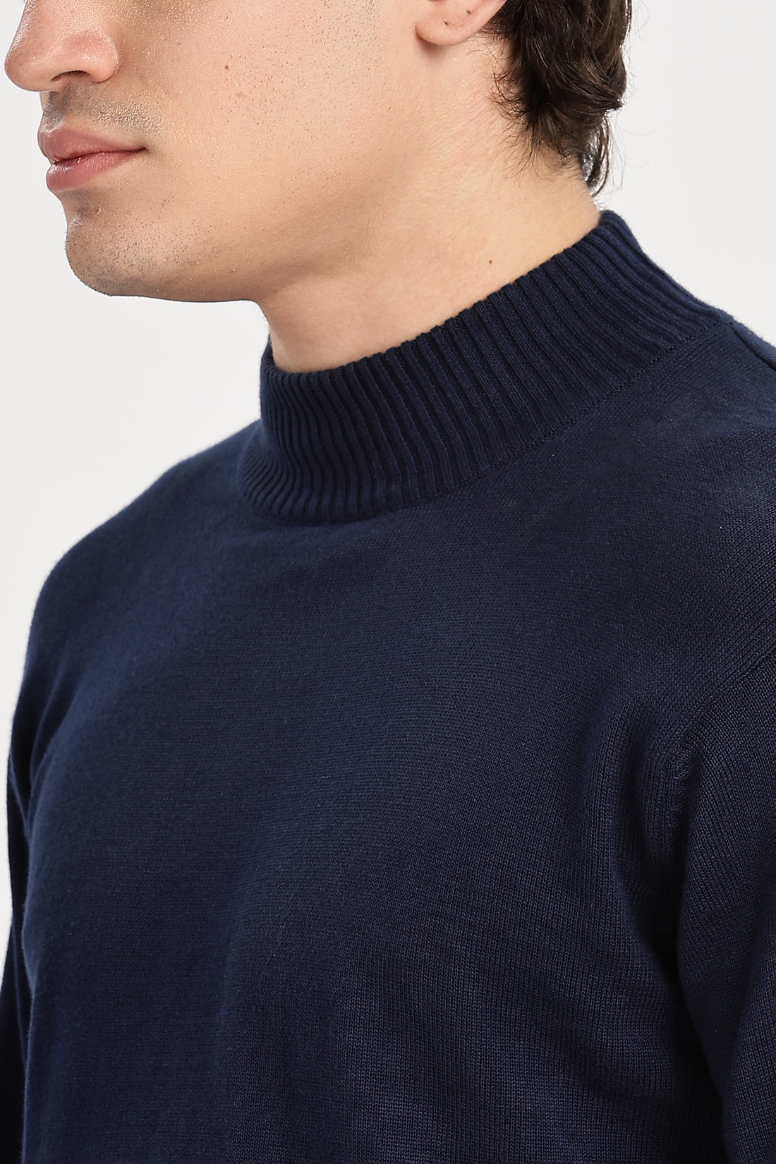 Navy Blue Men's Solid High Neck Pullover Sweater (Article - 27442)