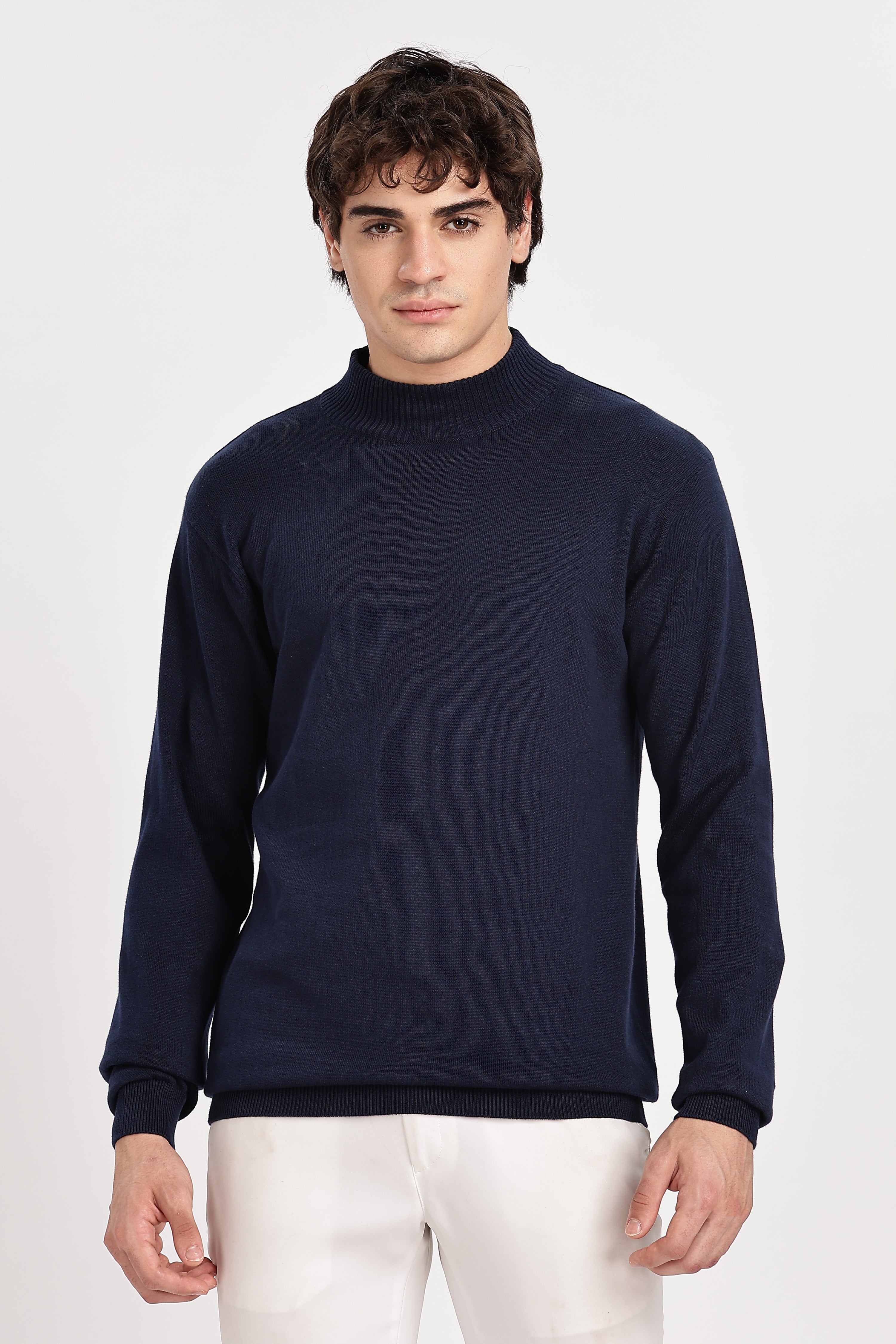 Navy Blue Men's Solid High Neck Sweater