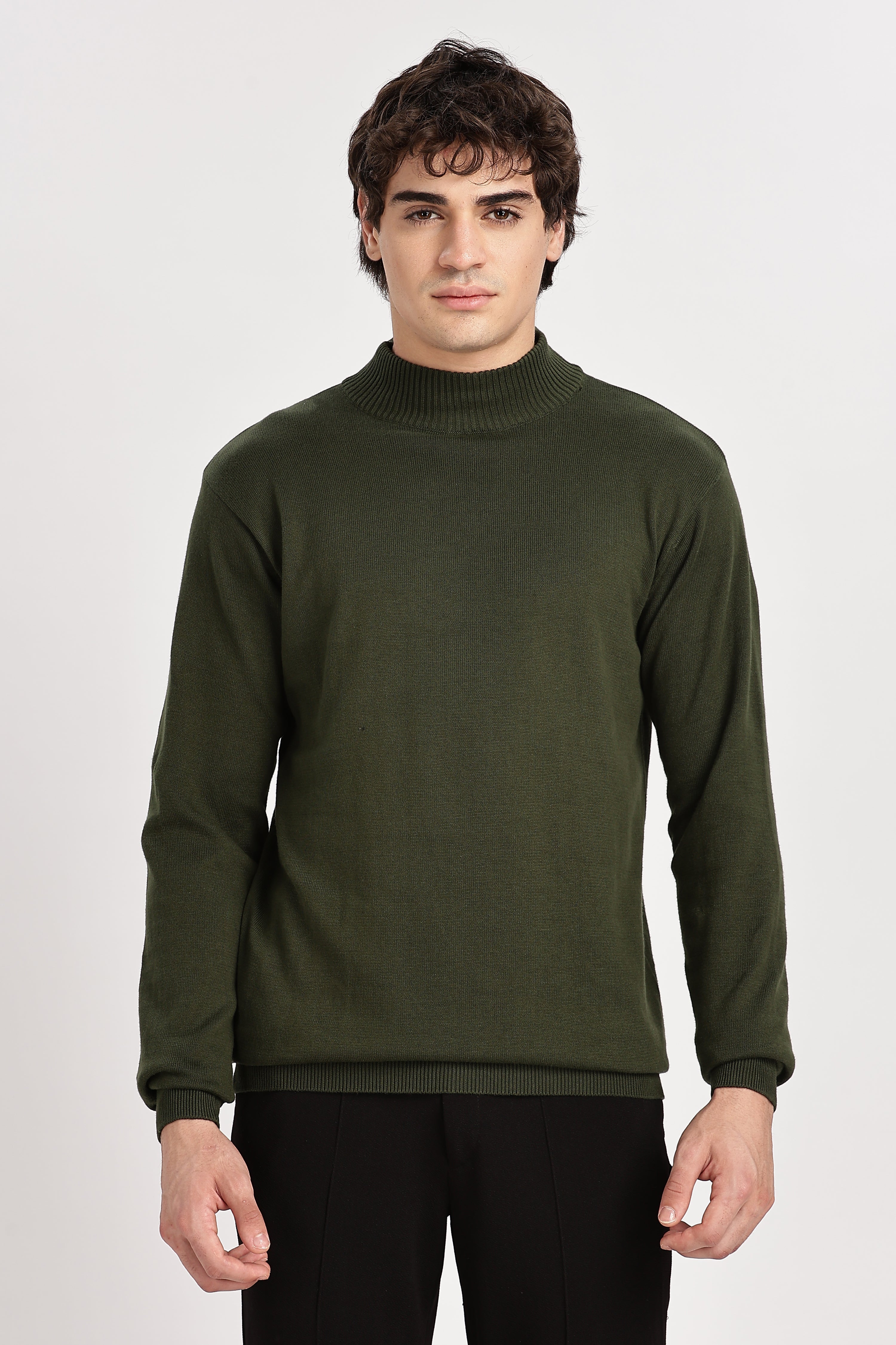 Green Men's Solid High Neck Sweater