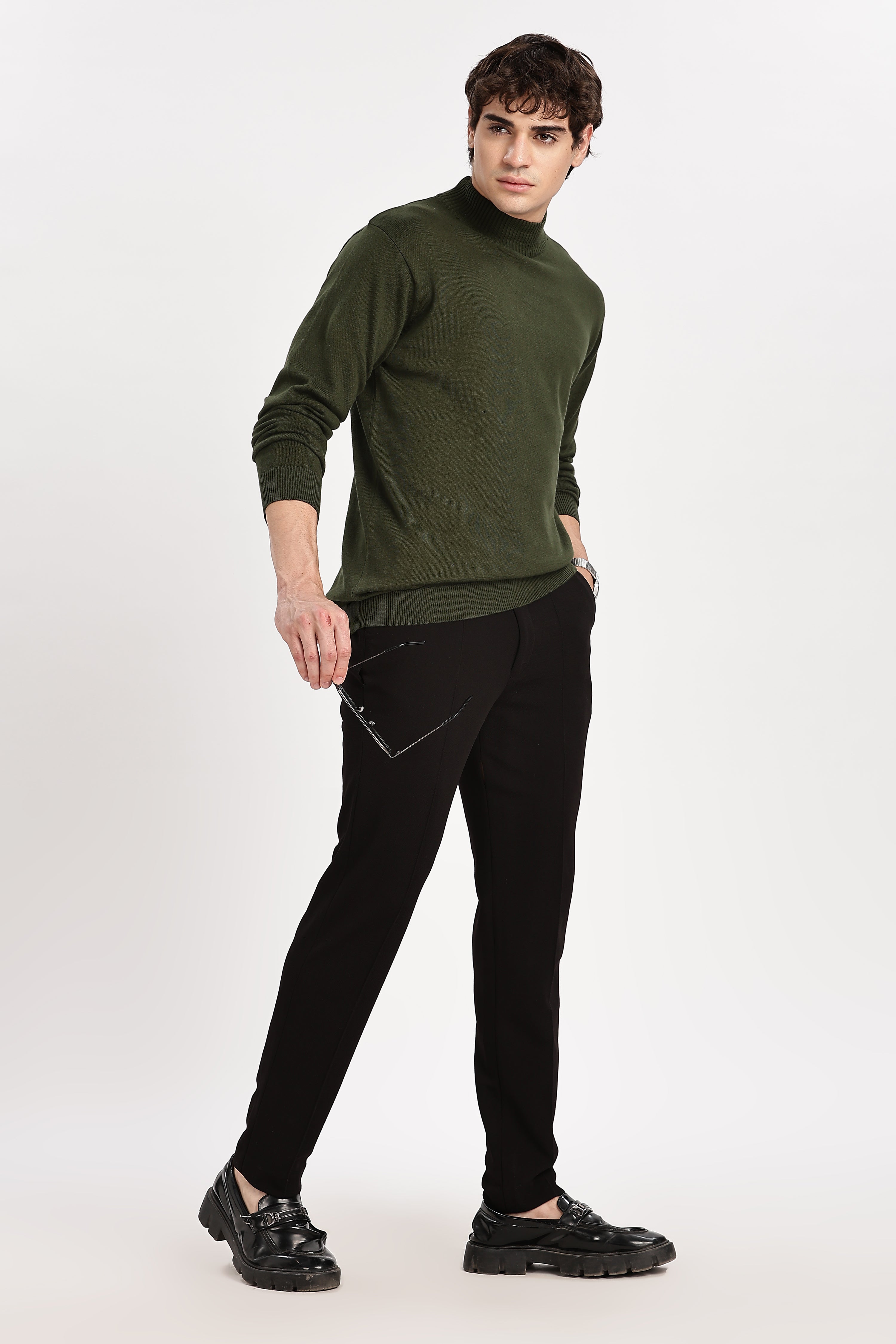 Green Men's Solid High Neck Sweater