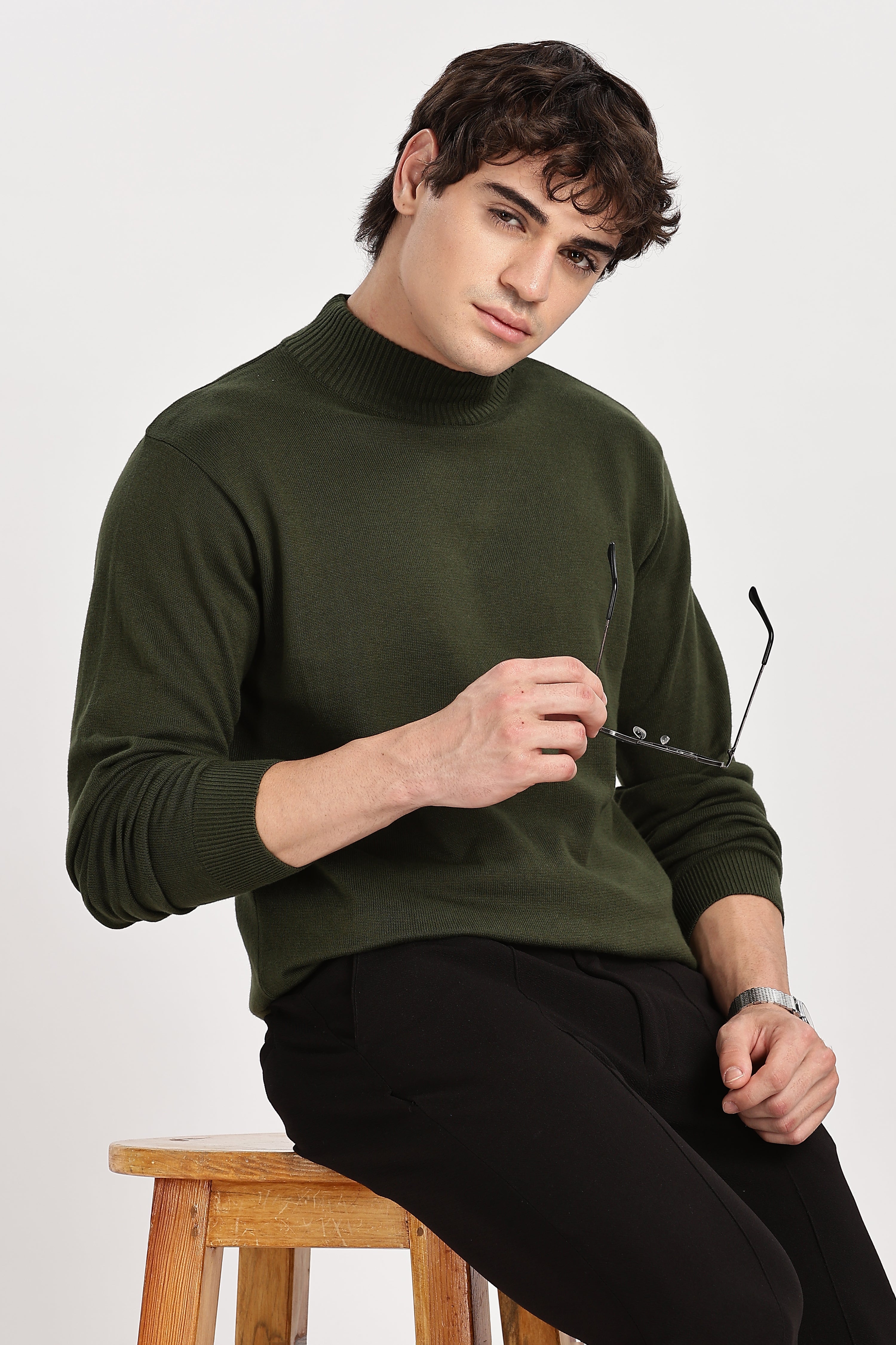 Green Men's Solid High Neck Sweater