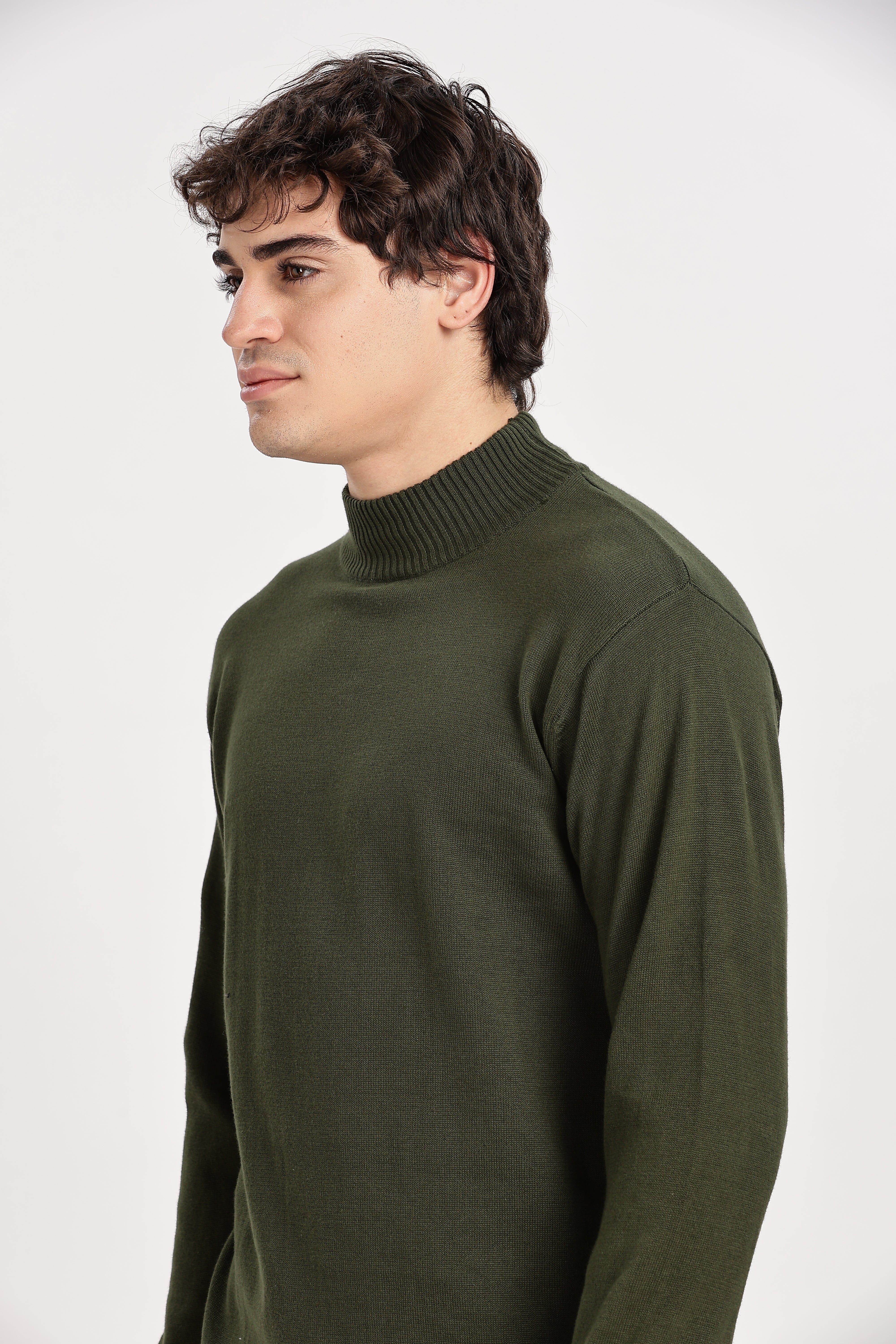 Green Men's Solid High Neck Sweater