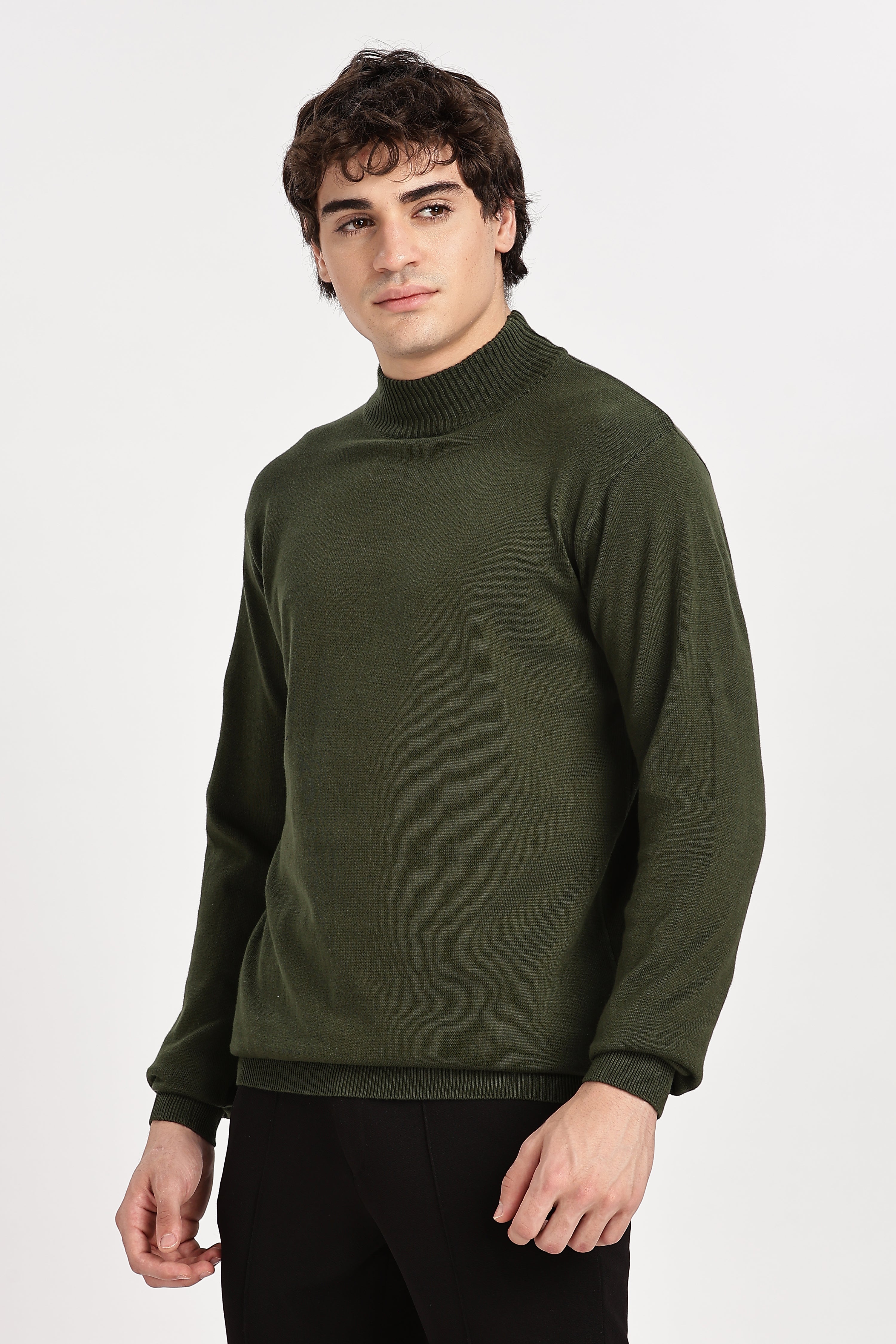 Green Men's Solid High Neck Sweater