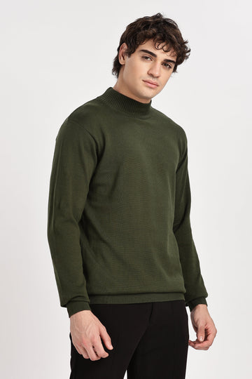 Green Men's Solid High Neck Sweater