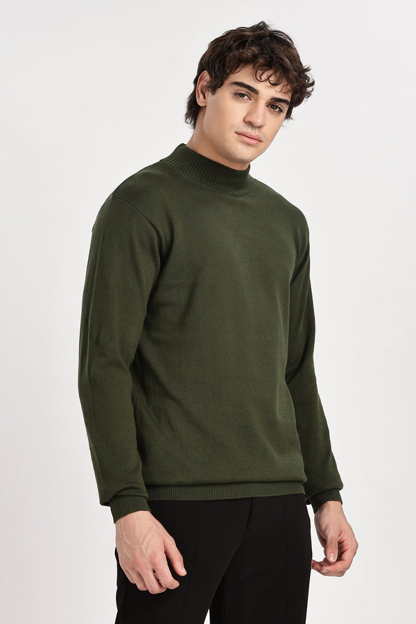 Green Men's Solid High Neck Sweater