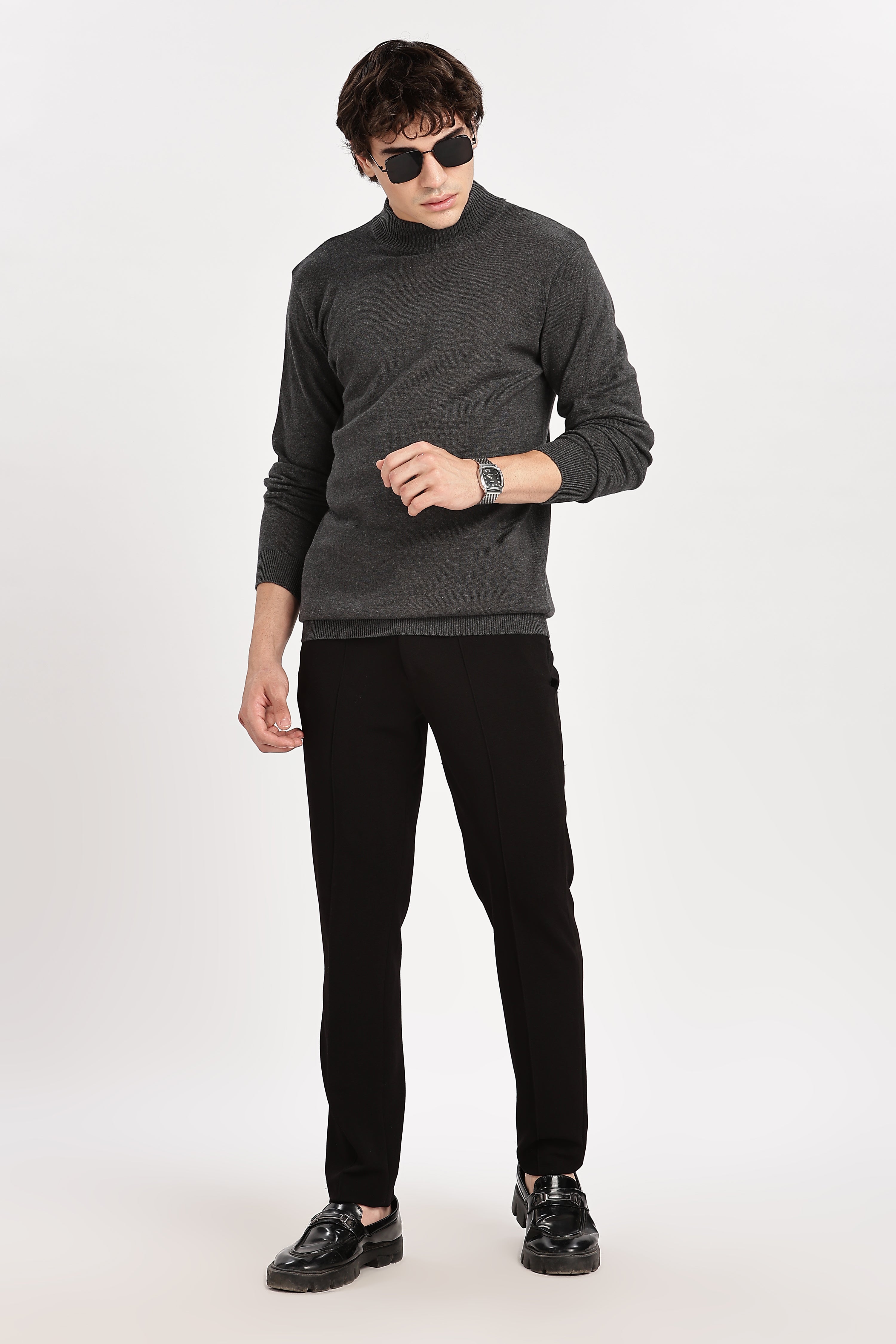 Dark Grey Men's Solid High Neck Sweater