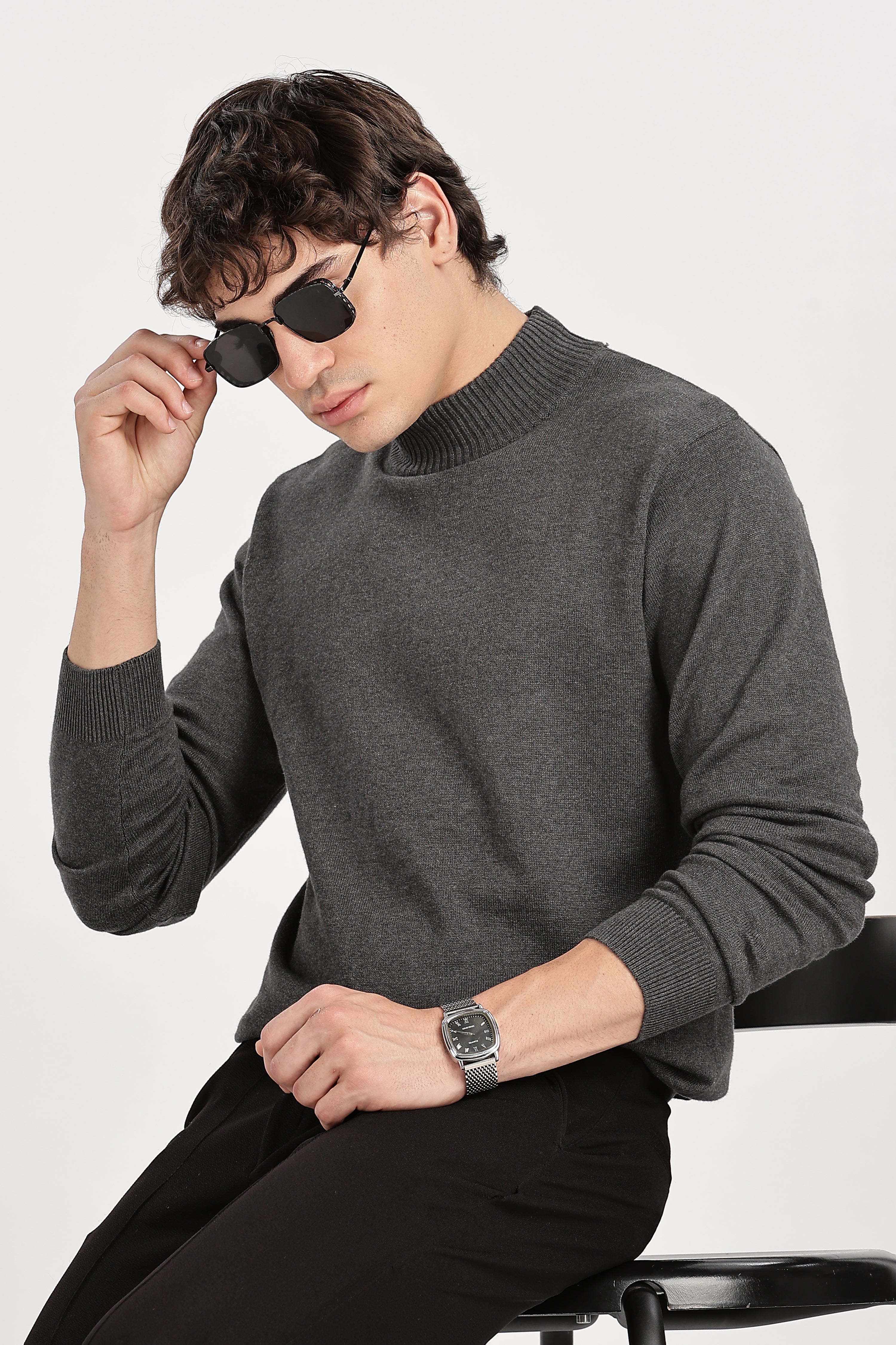 Dark Grey Men's Solid High Neck Sweater