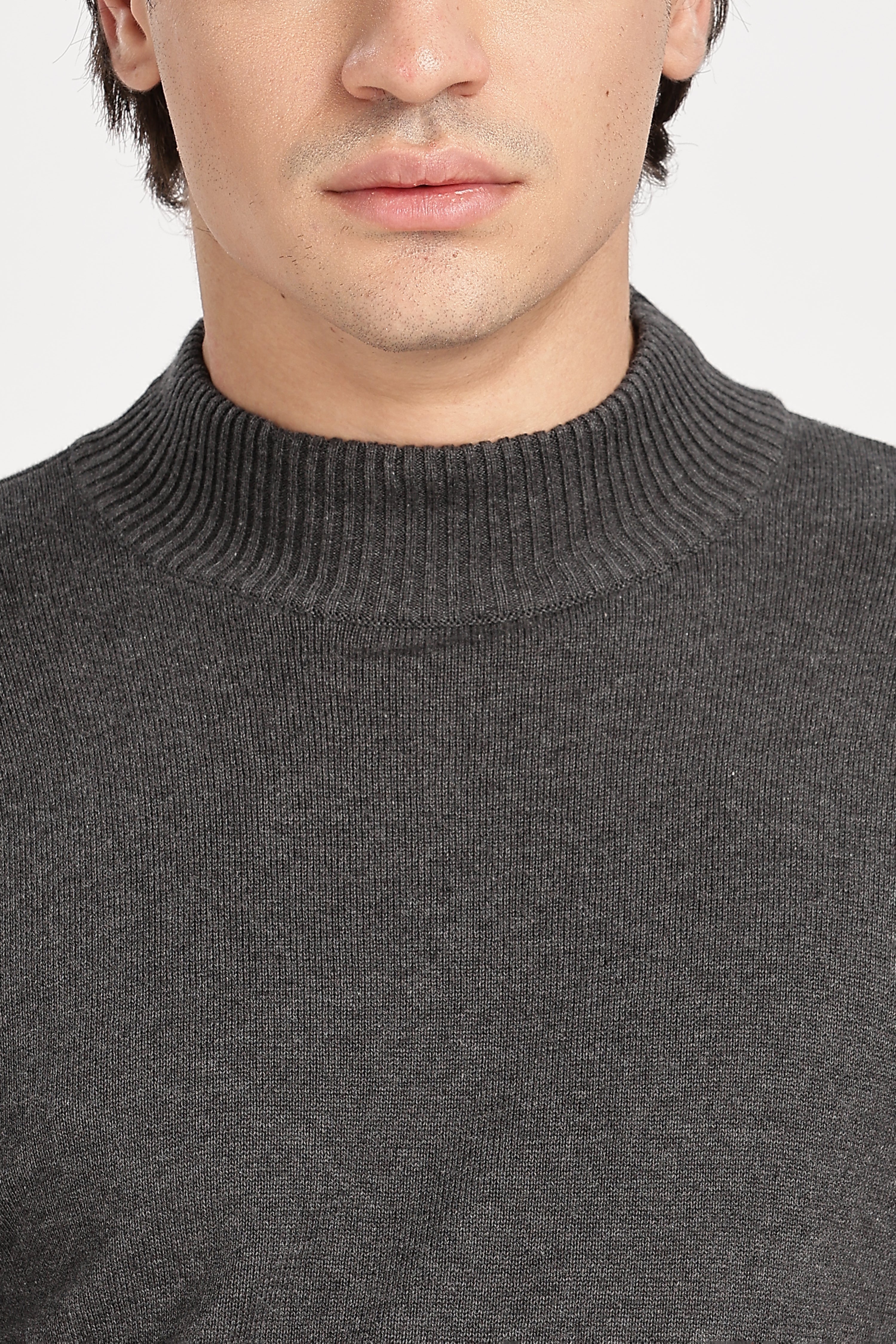 Dark Grey Men's Solid High Neck Sweater