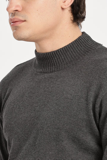 Dark Grey Men's Solid High Neck Sweater
