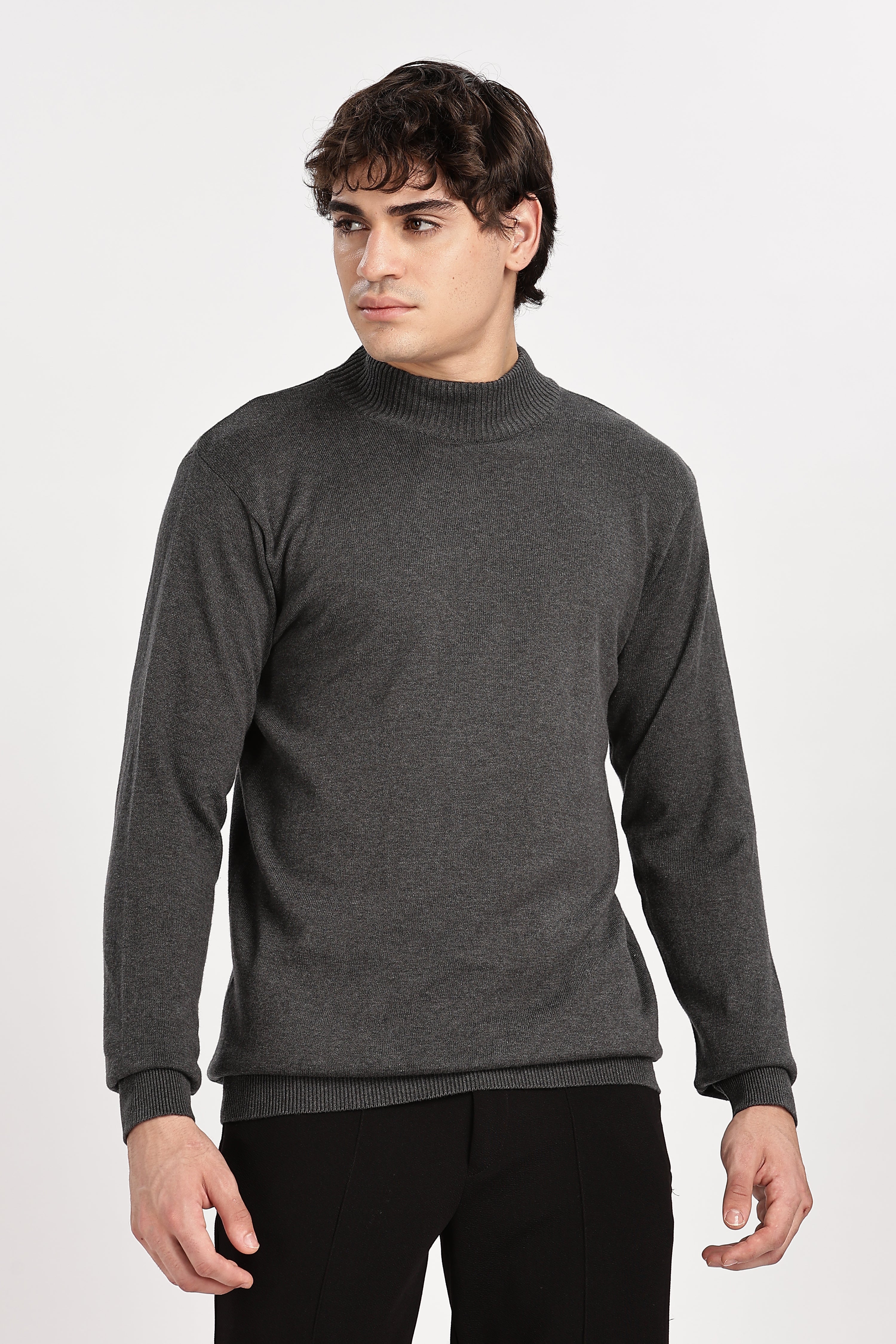 Dark Grey Men's Solid High Neck Sweater
