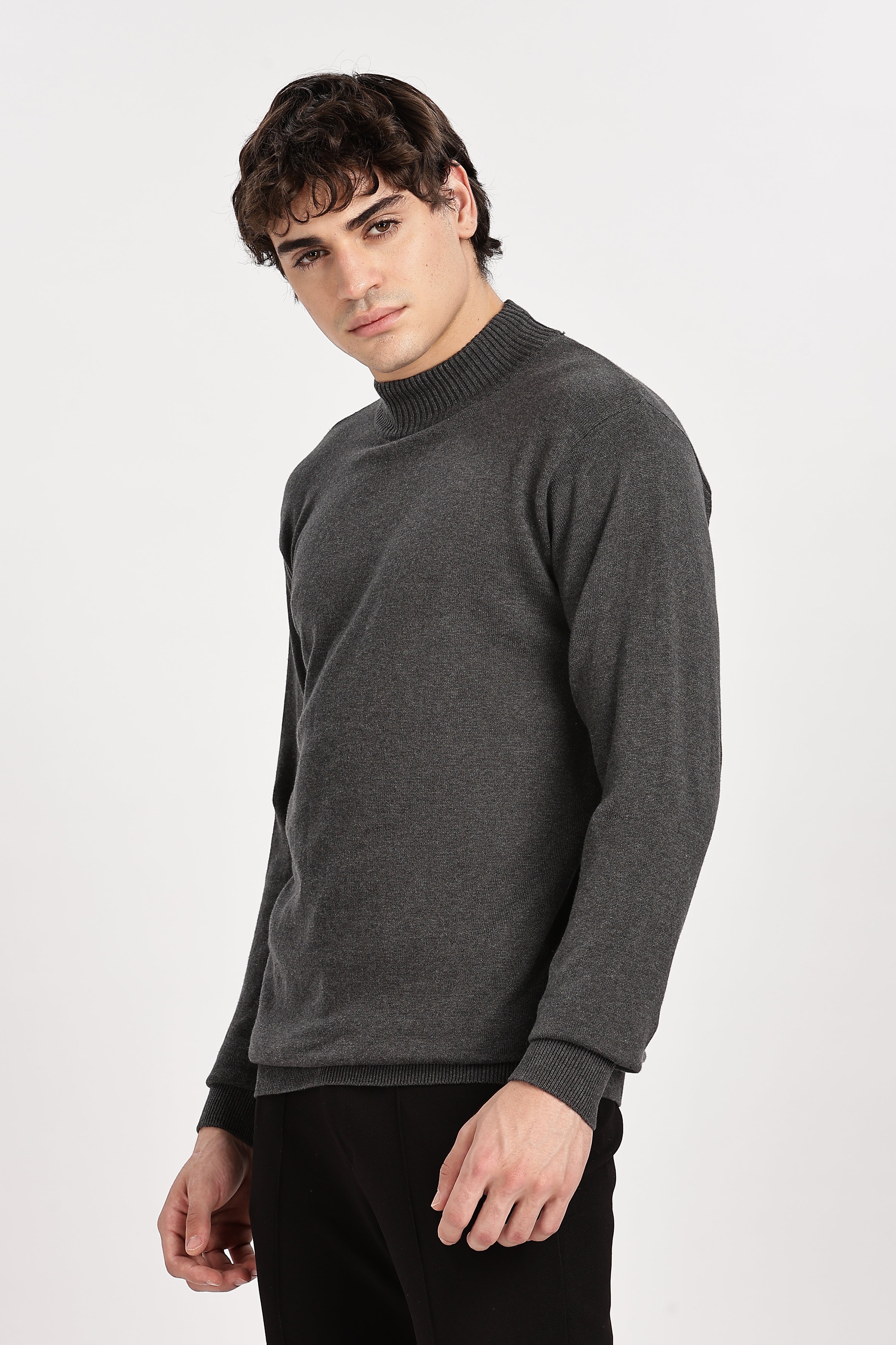 Dark Grey Men's Solid High Neck Sweater