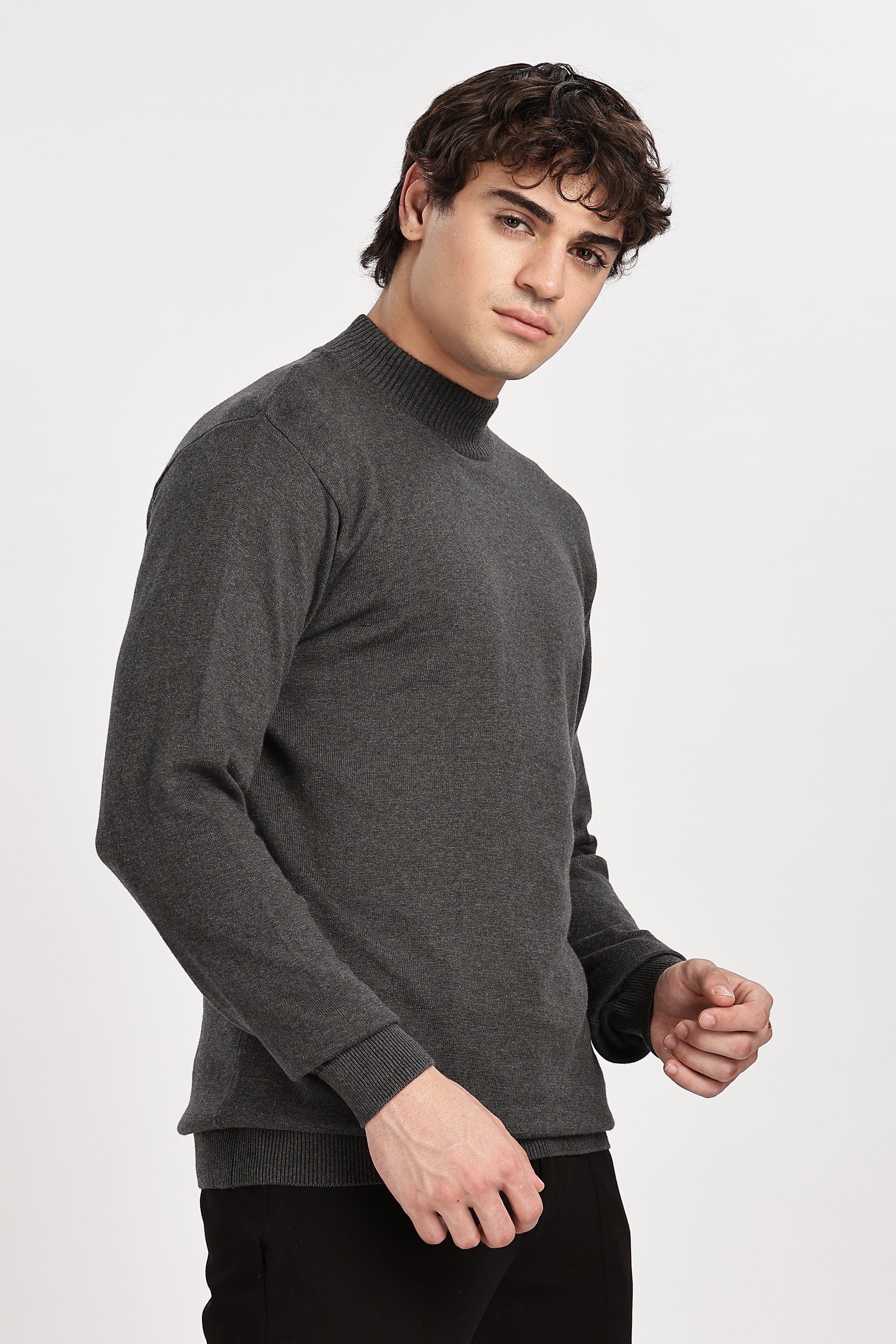 Dark Grey Men's Solid High Neck Sweater