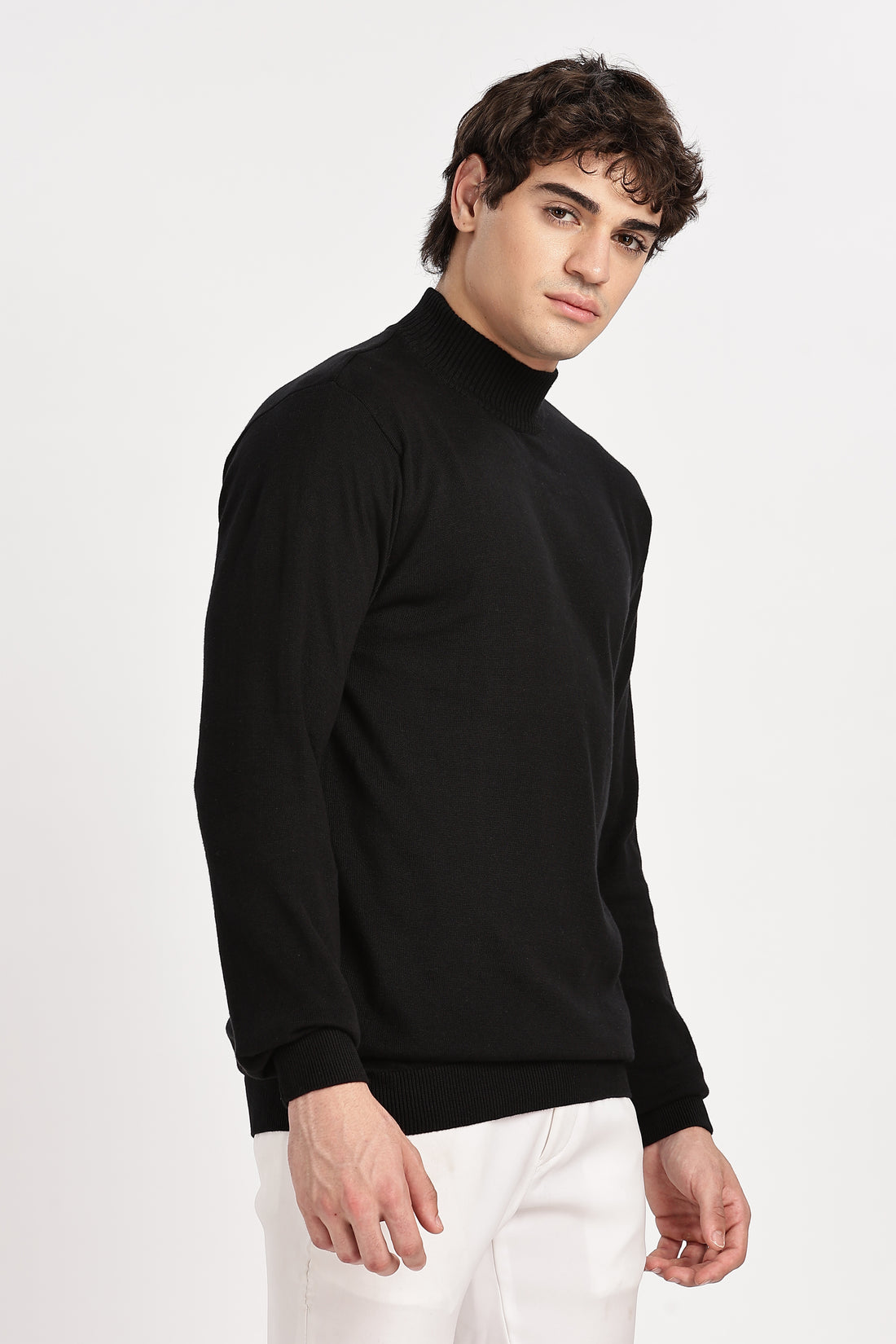 Black Men's Solid High Neck Pullover Sweater (Article - 27442)
