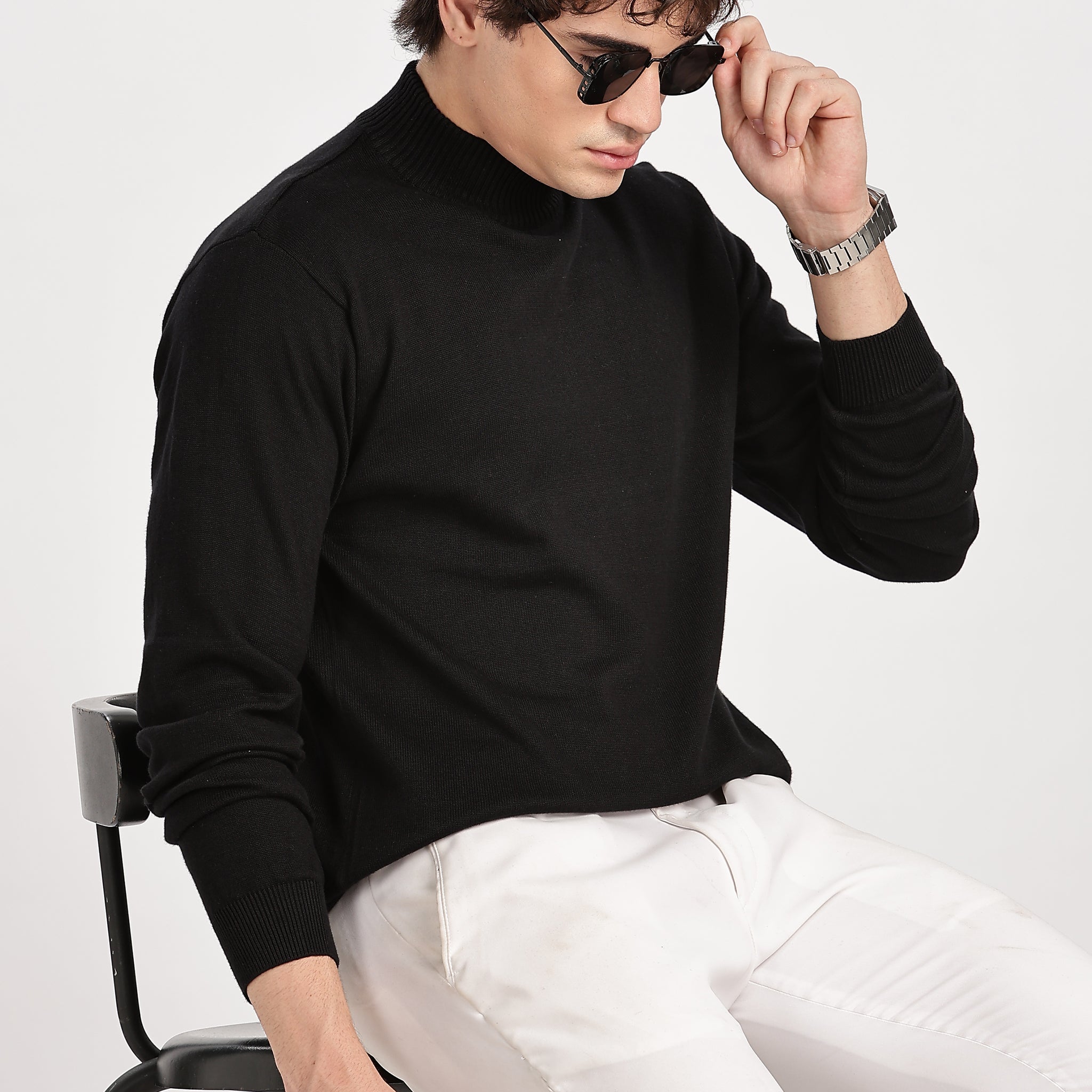 Black Men's Solid High Neck Pullover Sweater (Article - 27442)