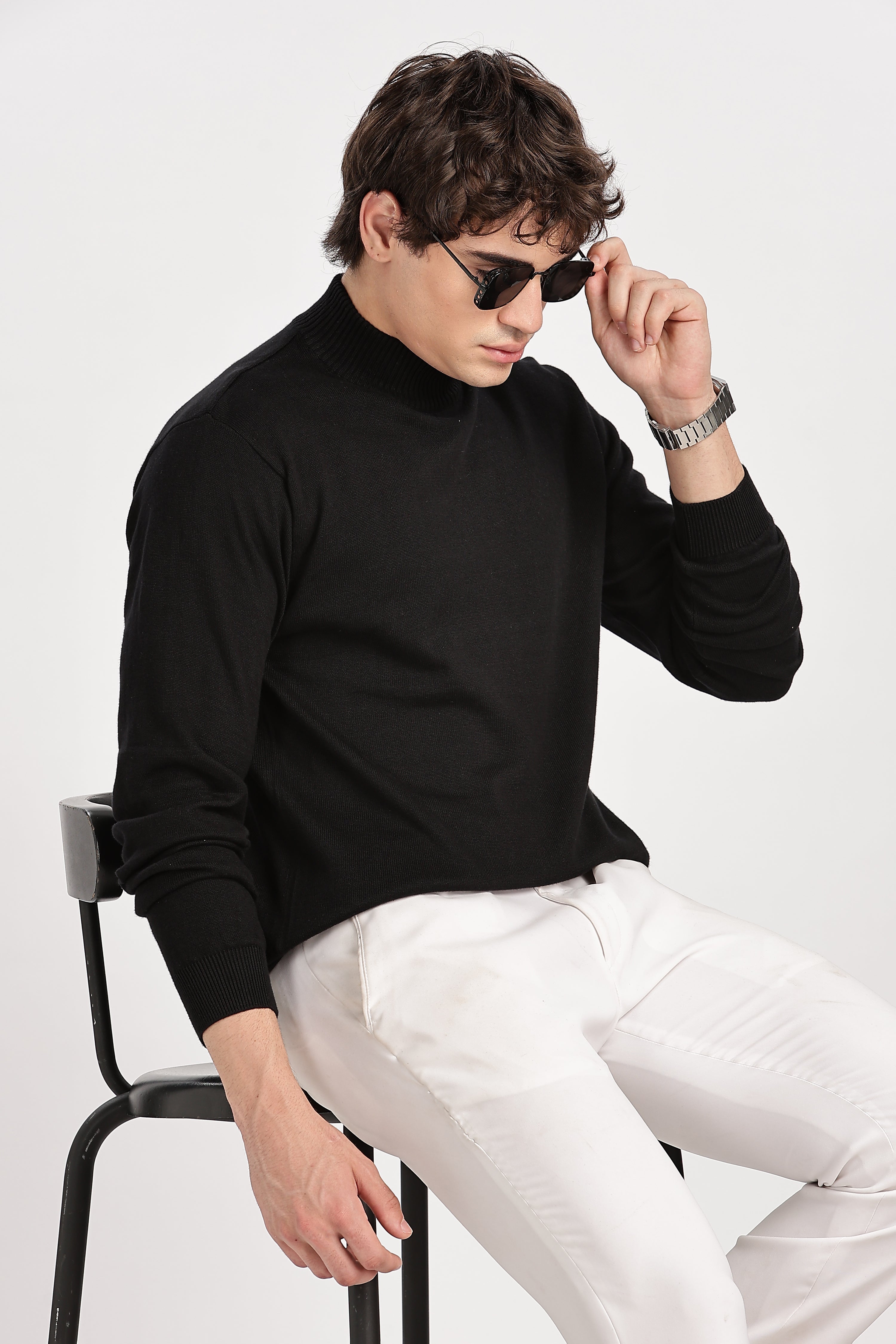 Black Men's Solid High Neck Sweater