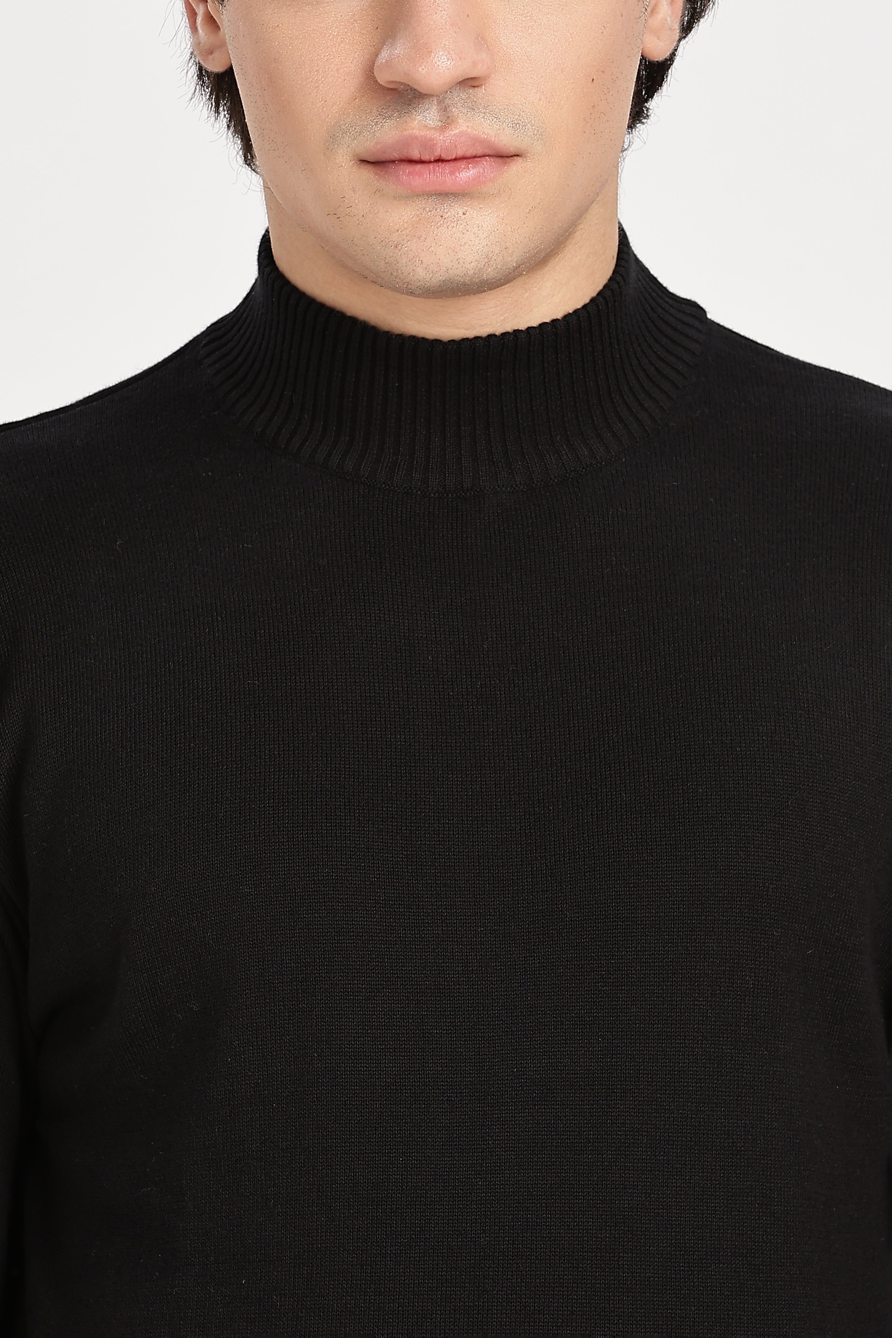 Black Men's Solid High Neck Sweater