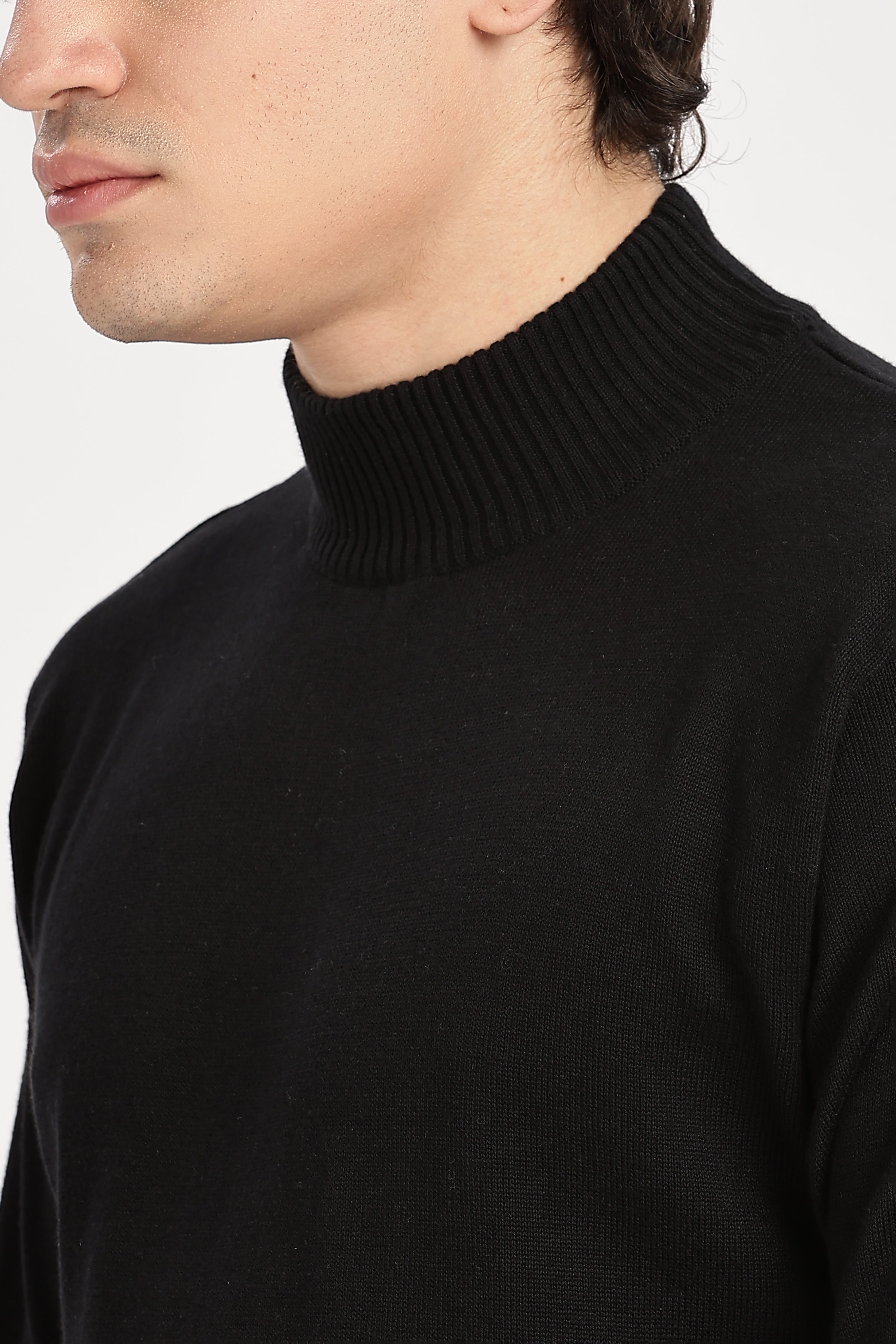 Black Men's Solid High Neck Sweater