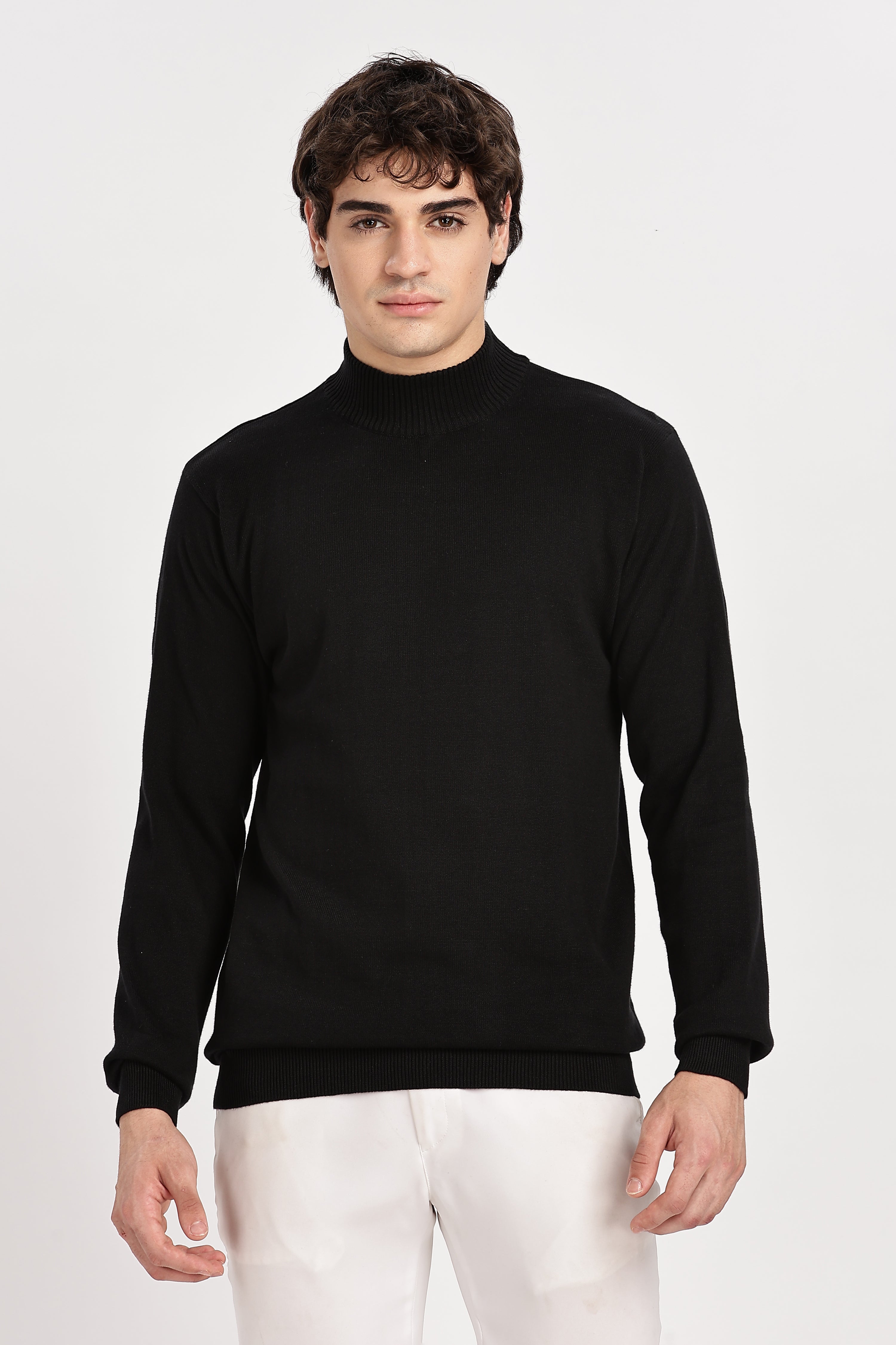 Black Men's Solid High Neck Sweater
