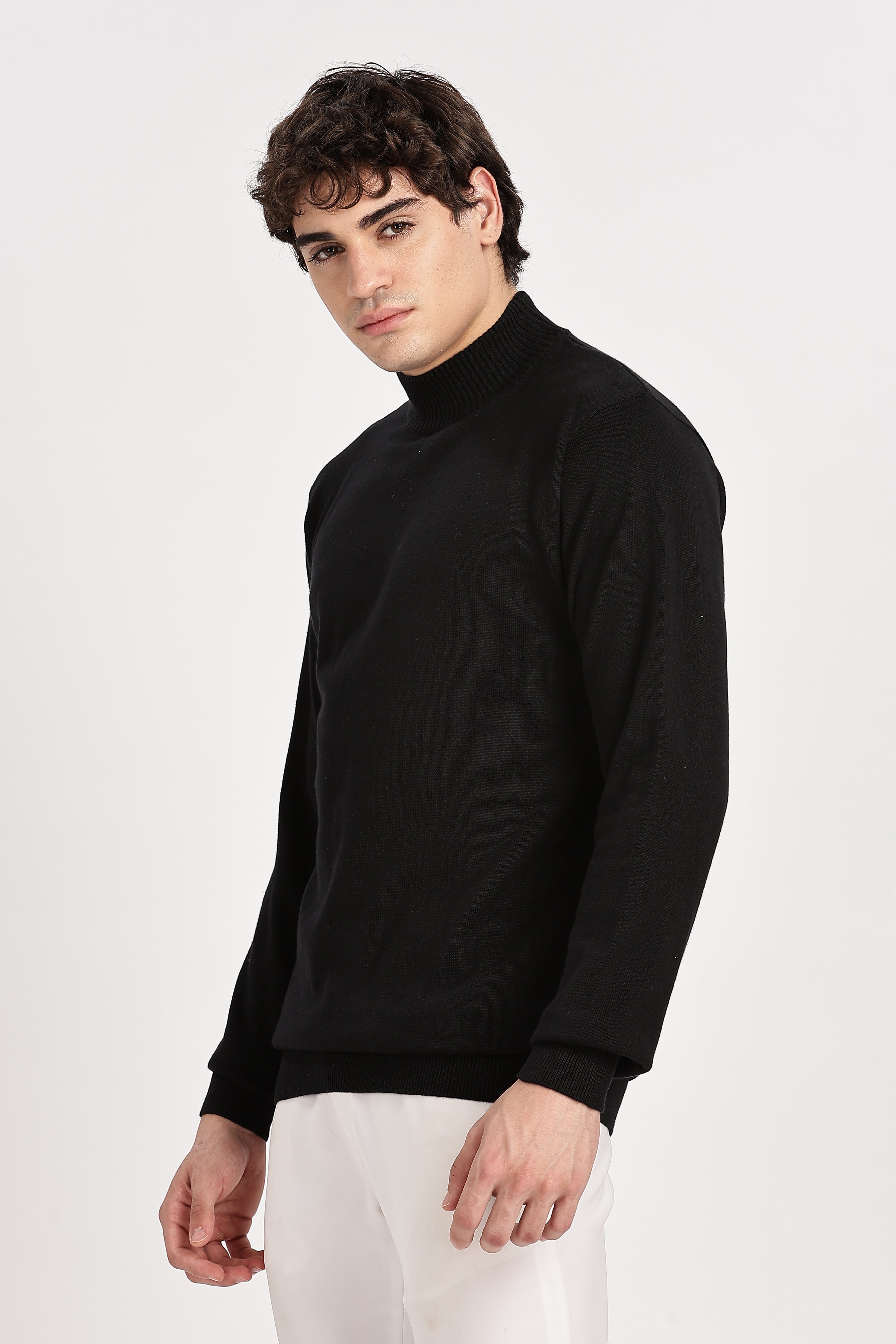 Black Men's Solid High Neck Sweater