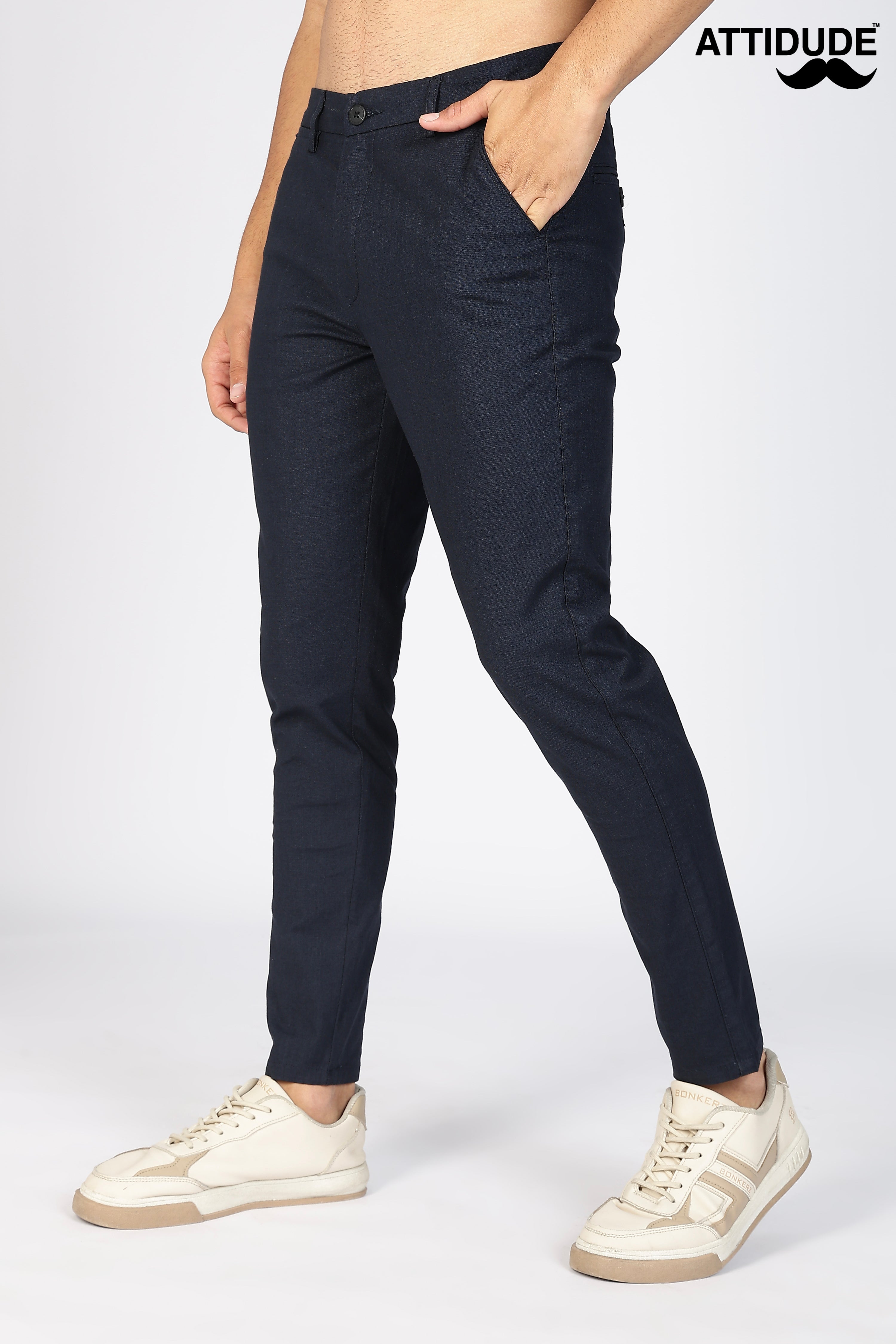 Navy Blue  Linen Polo Fit Trousers