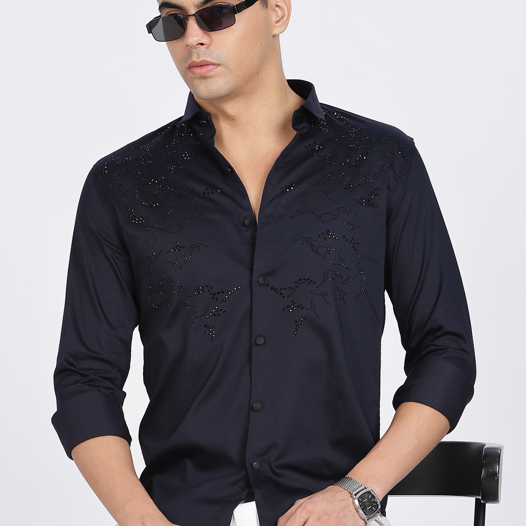 Navy Blue Full Sleeve Stoned Shirt (Article B0297)