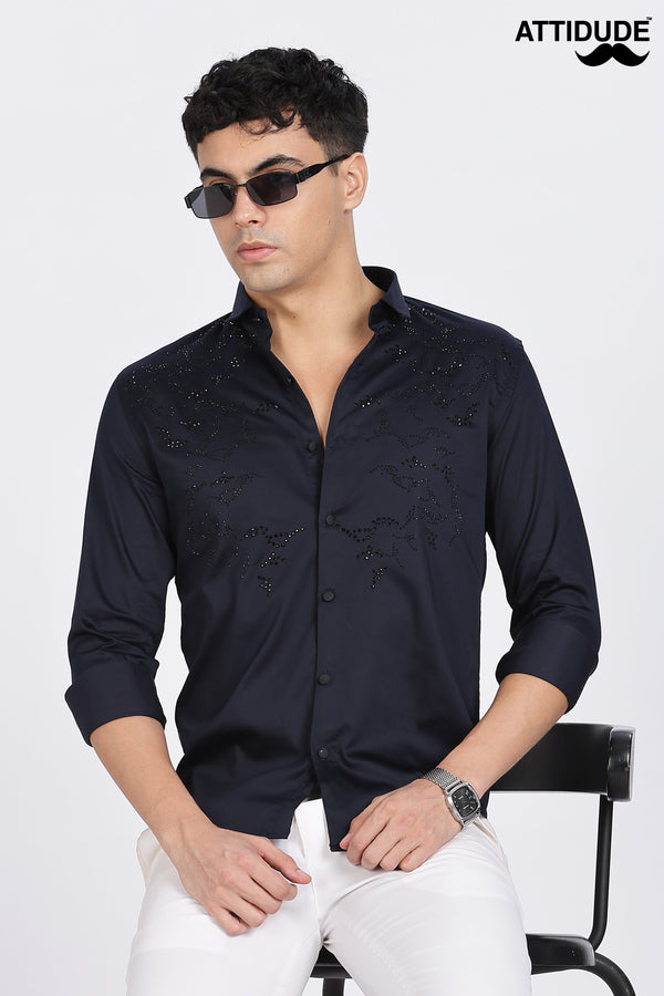 Navy Blue Full Sleeve Stoned Shirt