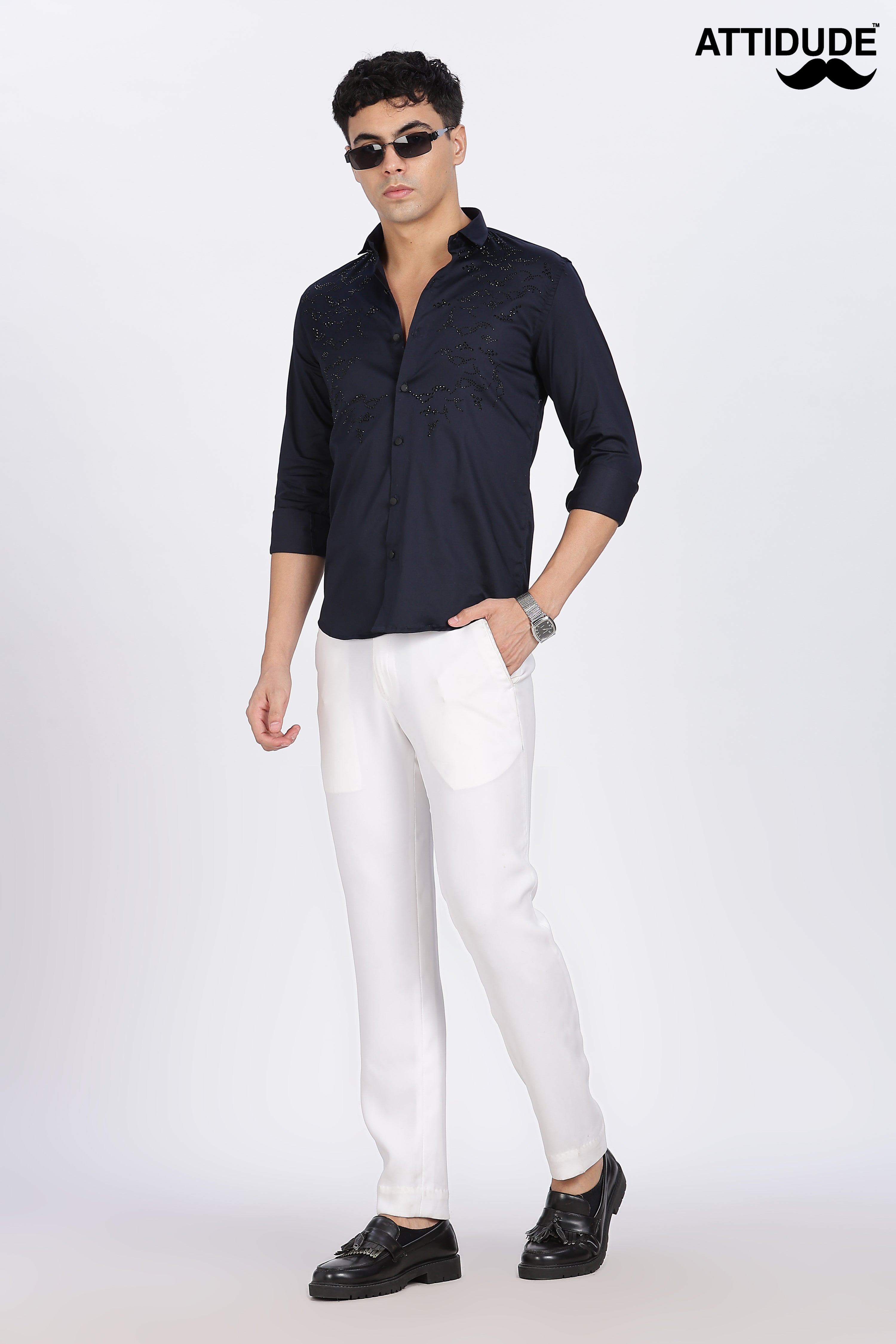 Navy Blue Full Sleeve Stoned Shirt