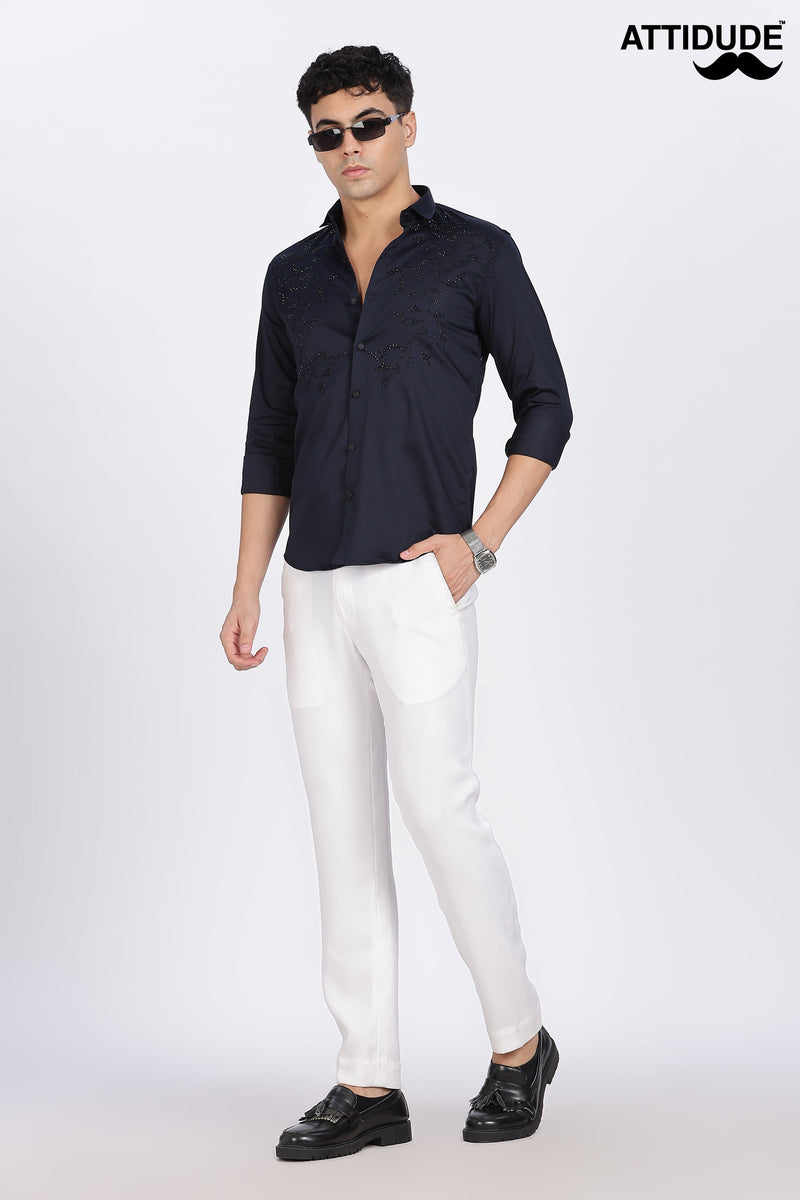 Navy Blue Full Sleeve Stoned Shirt