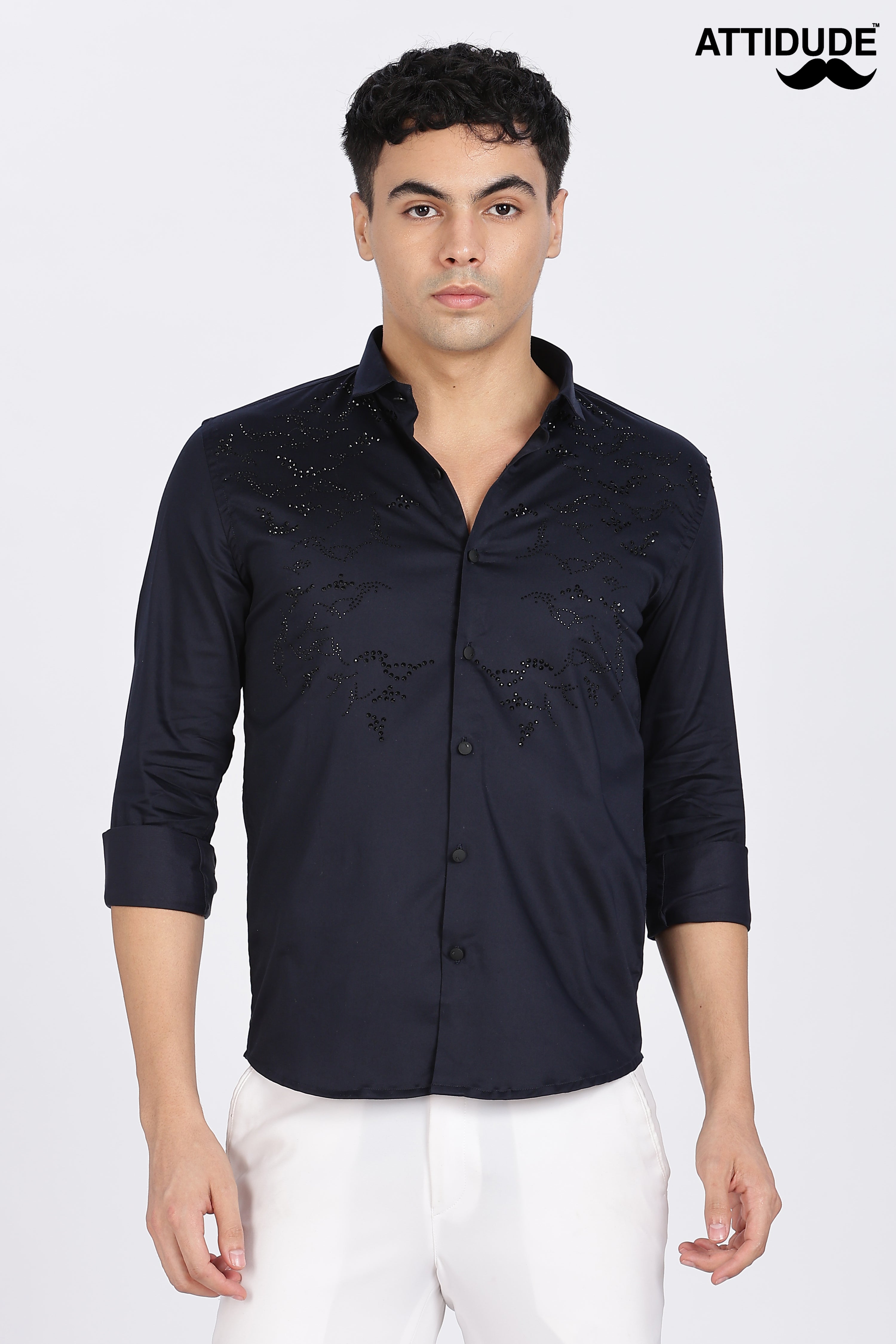 Navy Blue Full Sleeve Stoned Shirt