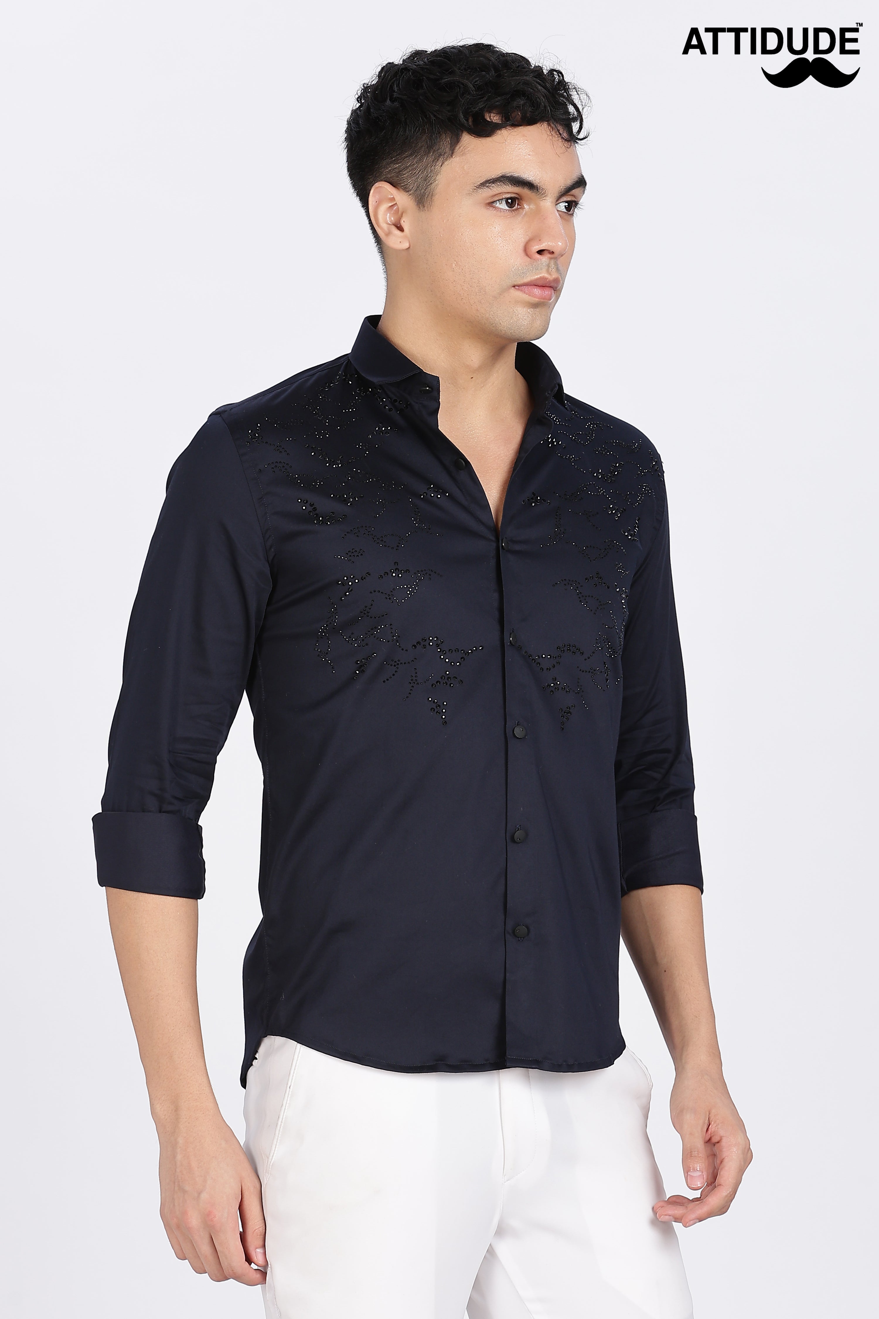 Navy Blue Full Sleeve Stoned Shirt