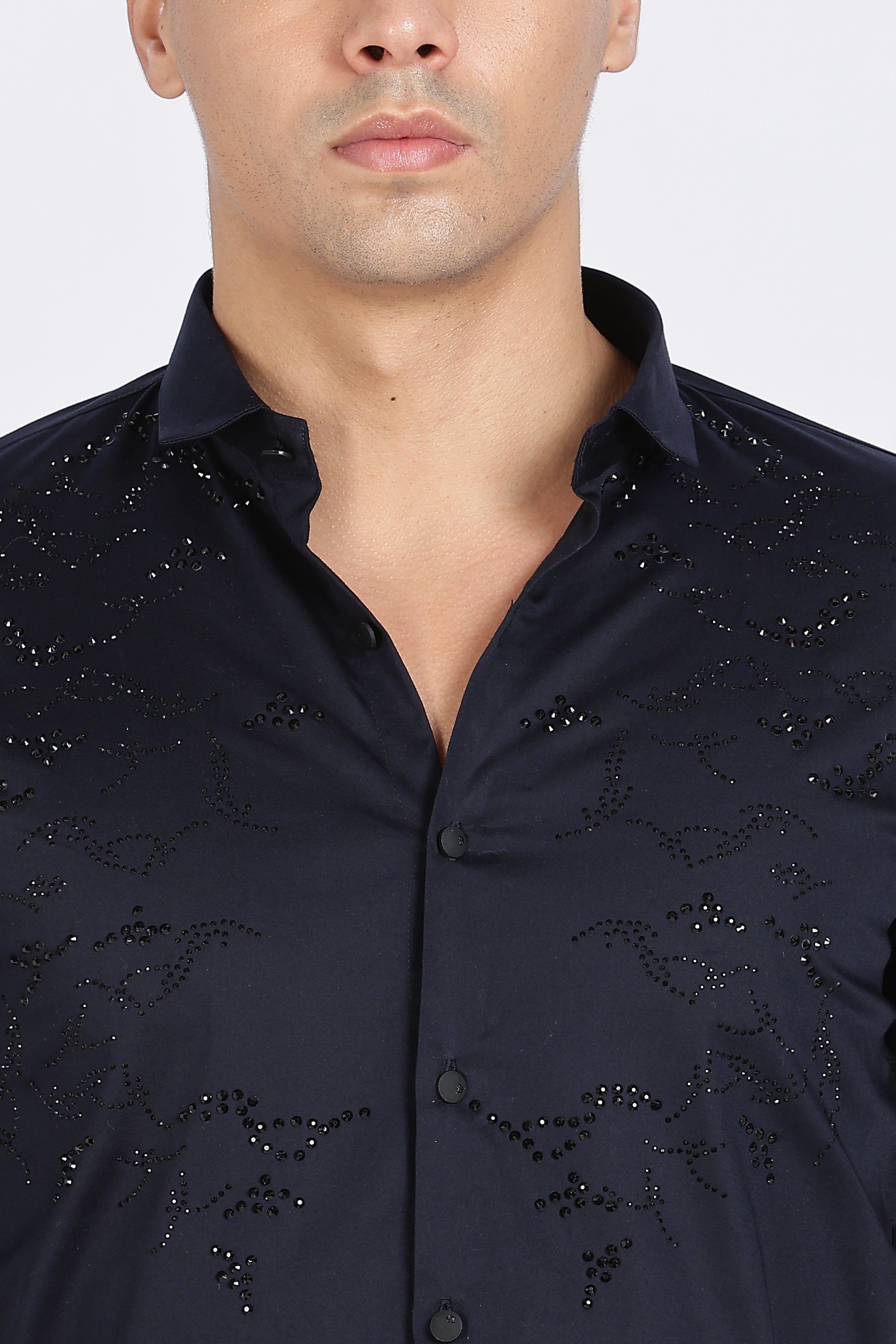 Navy Blue Full Sleeve Stoned Shirt