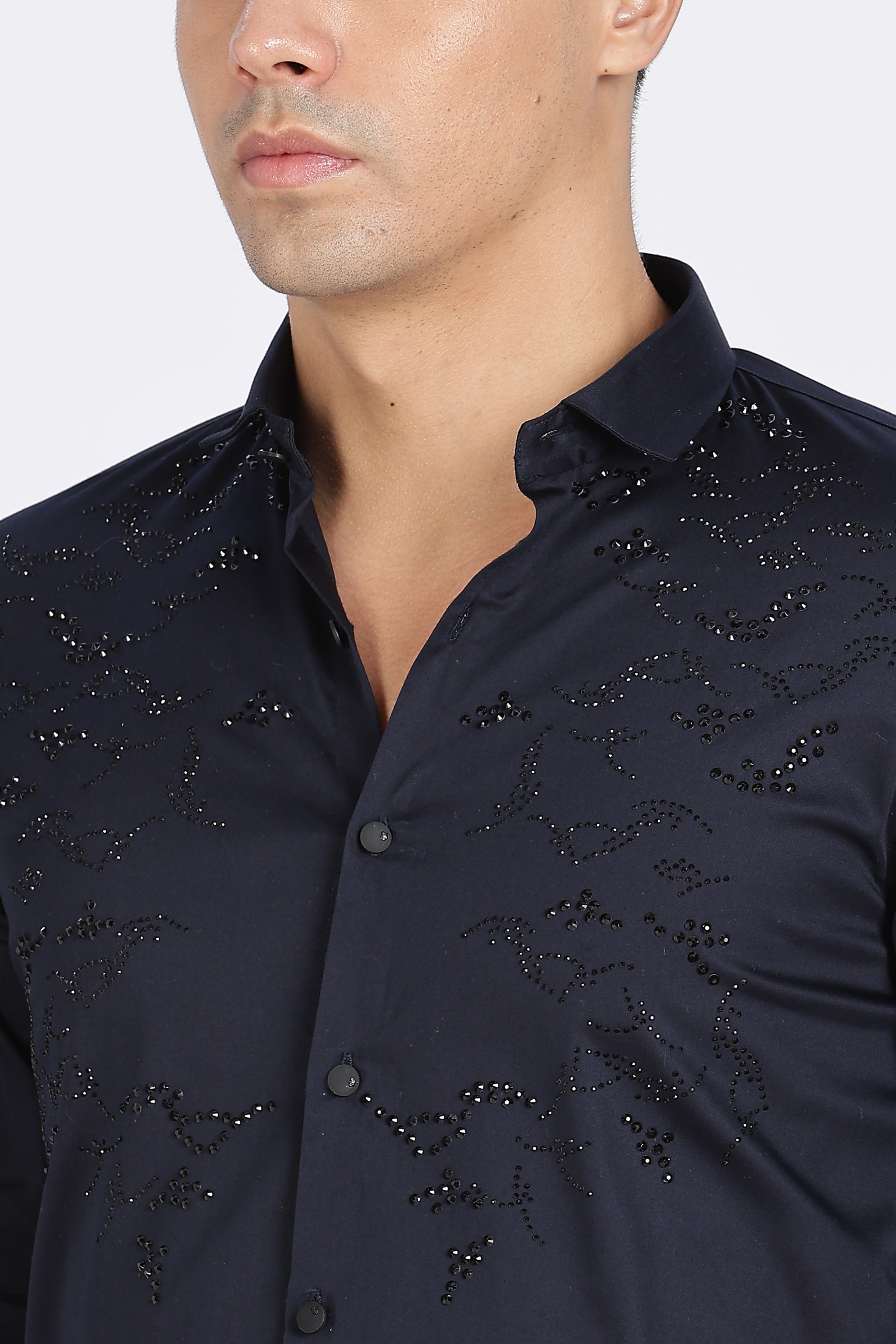 Navy Blue Full Sleeve Stoned Shirt