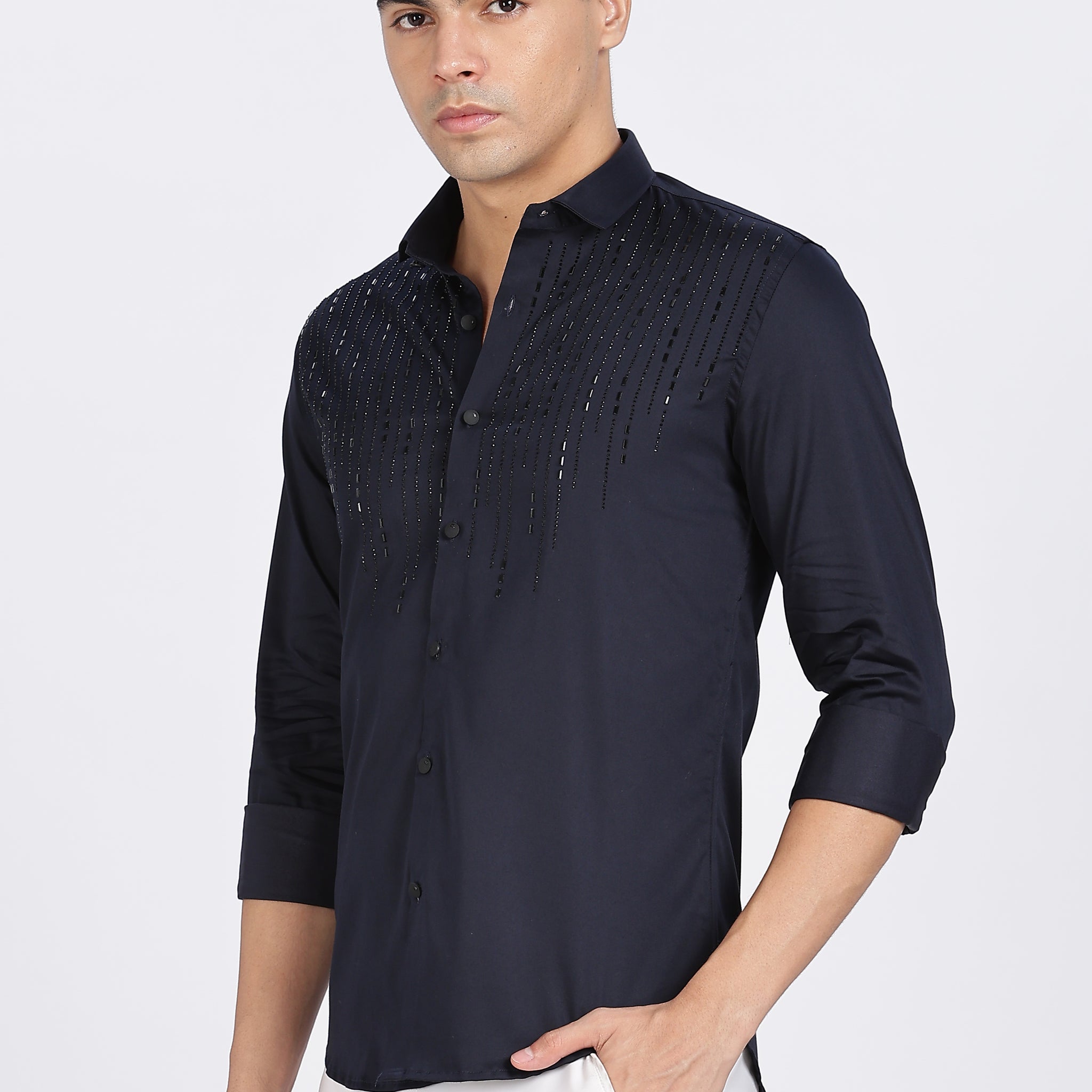 Navy blue Sparkly Beaded Full Sleeve Shirt (Article B0298)