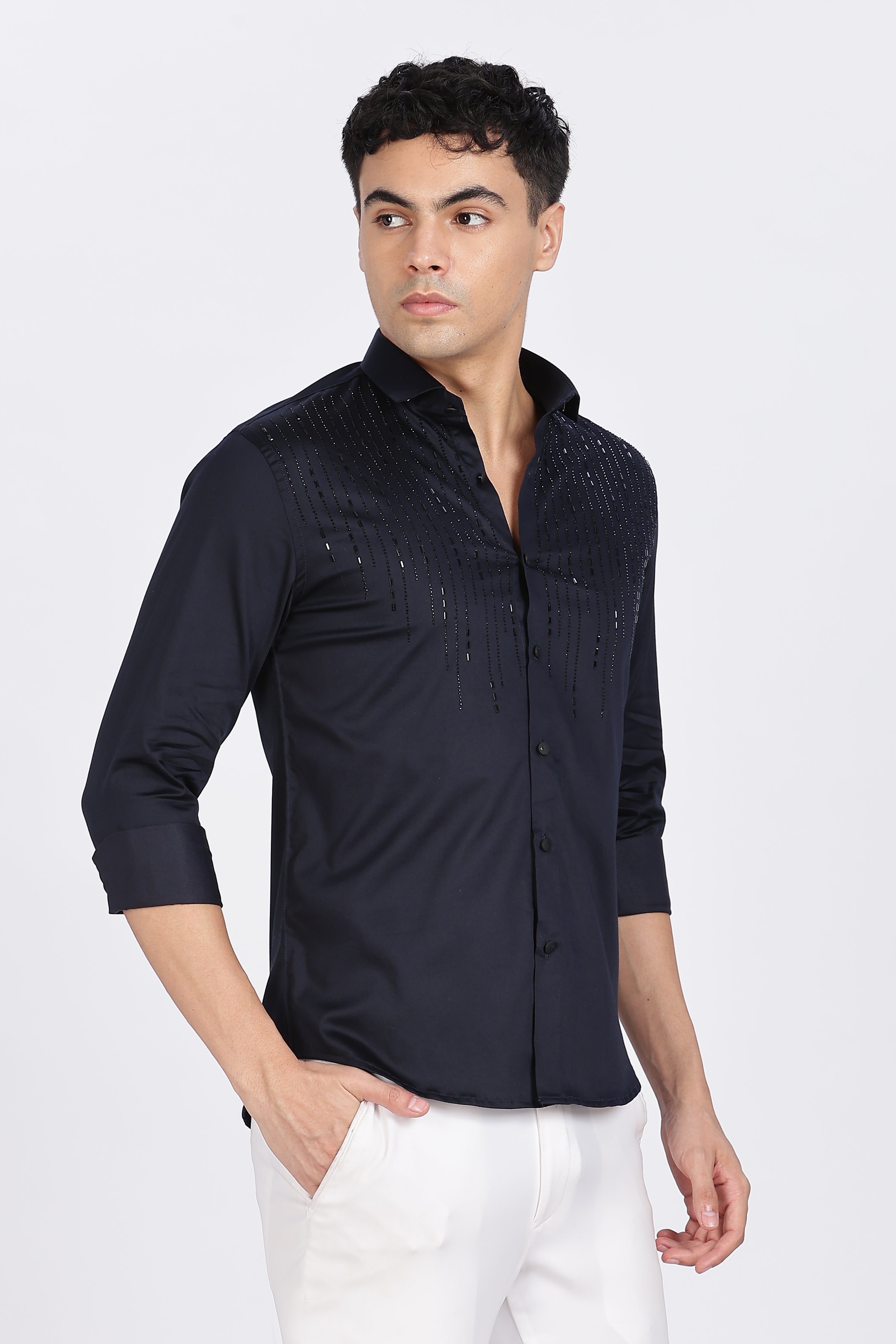 Navy blue Sparkly Beaded Full Sleeve Shirt