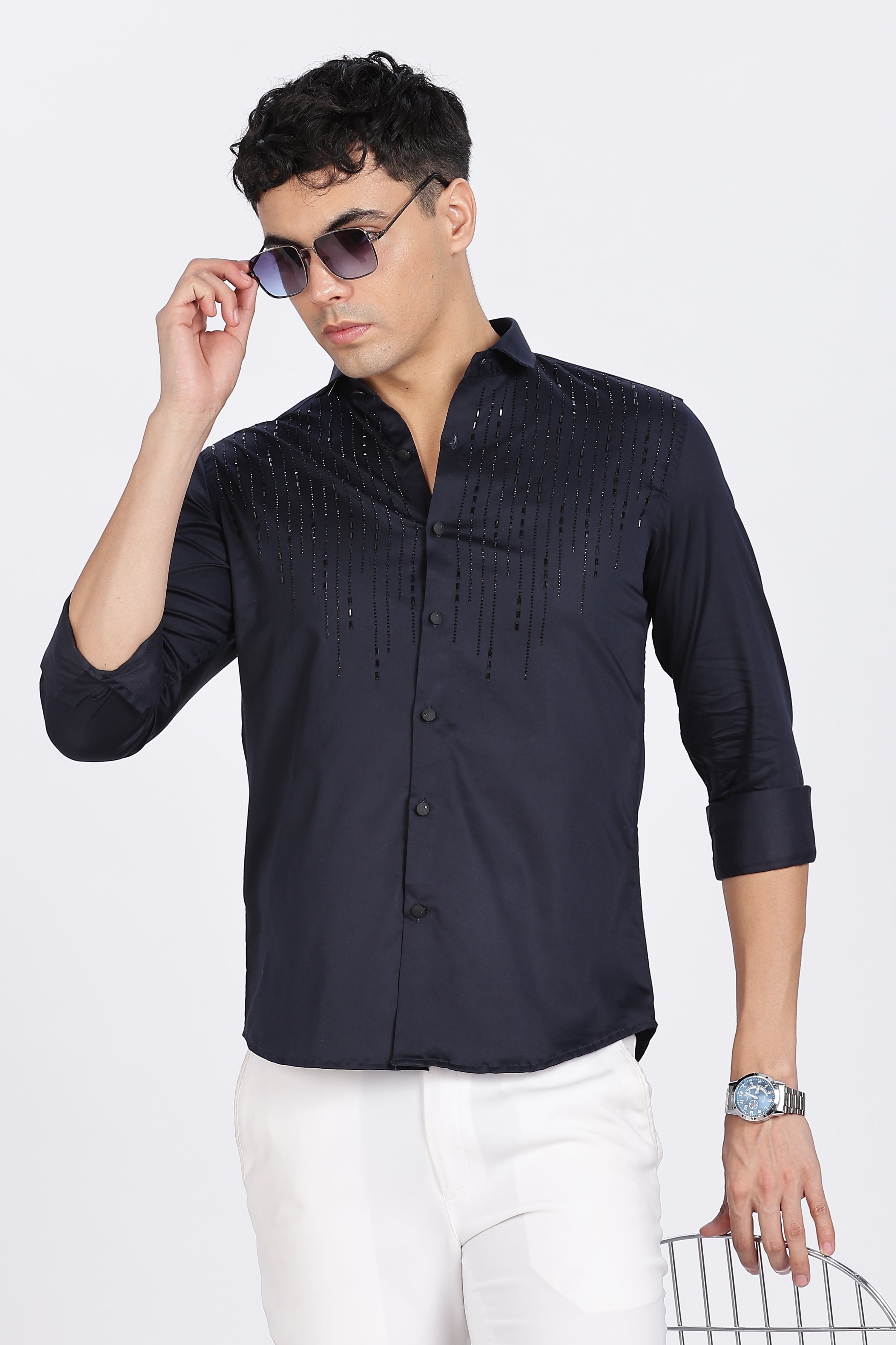 Navy blue Sparkly Beaded Full Sleeve Shirt