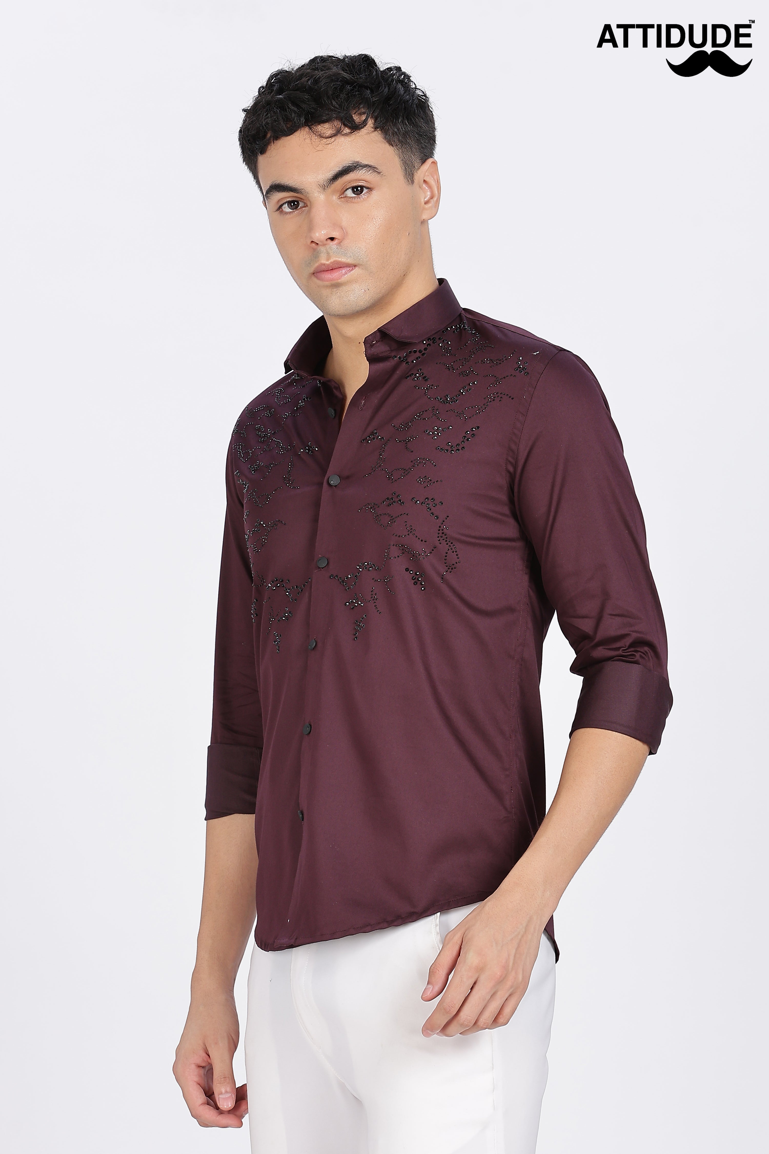 Maroon Stoned Full Sleeve Stoned Shirt