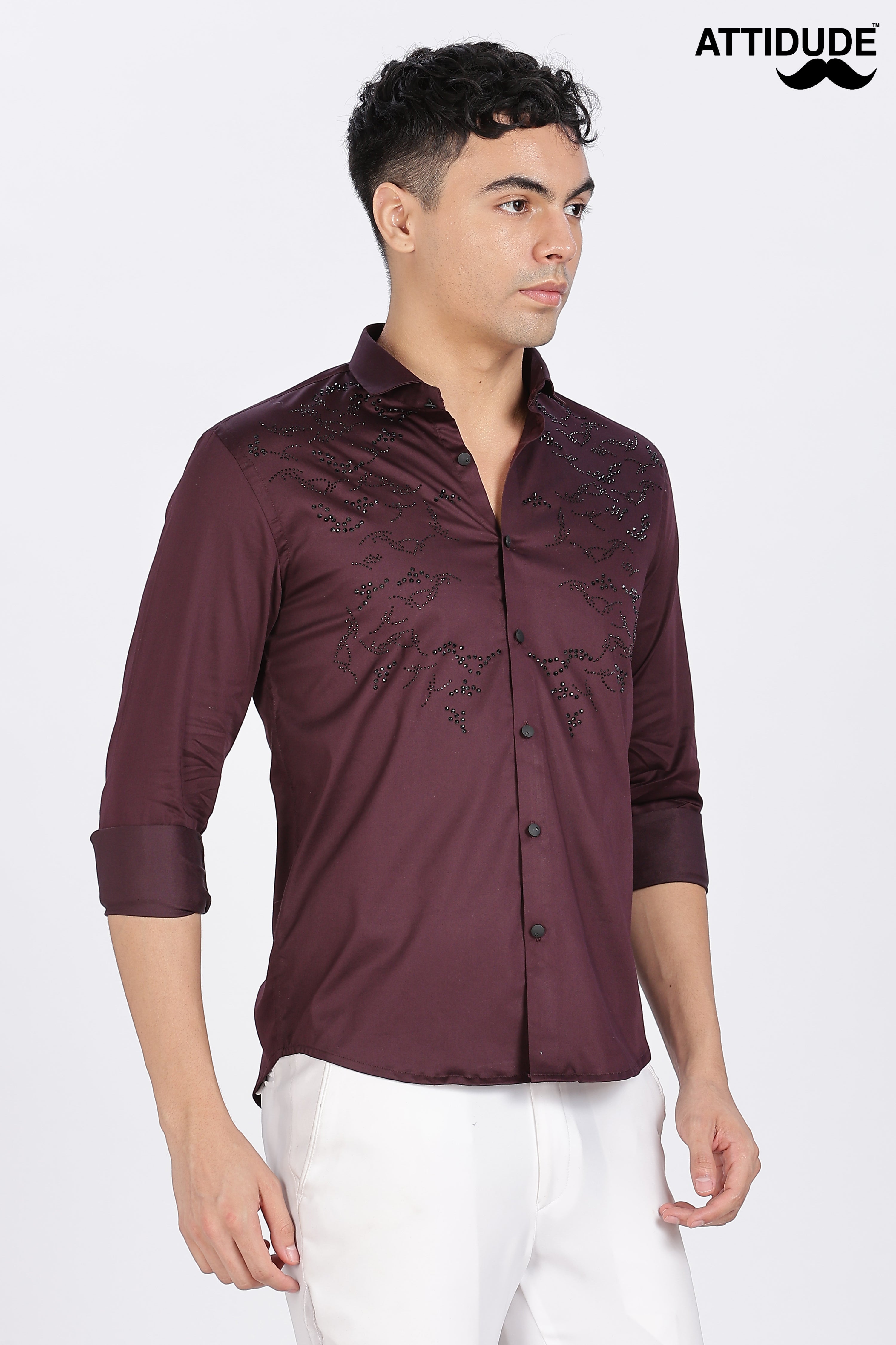 Maroon Stoned Full Sleeve Stoned Shirt