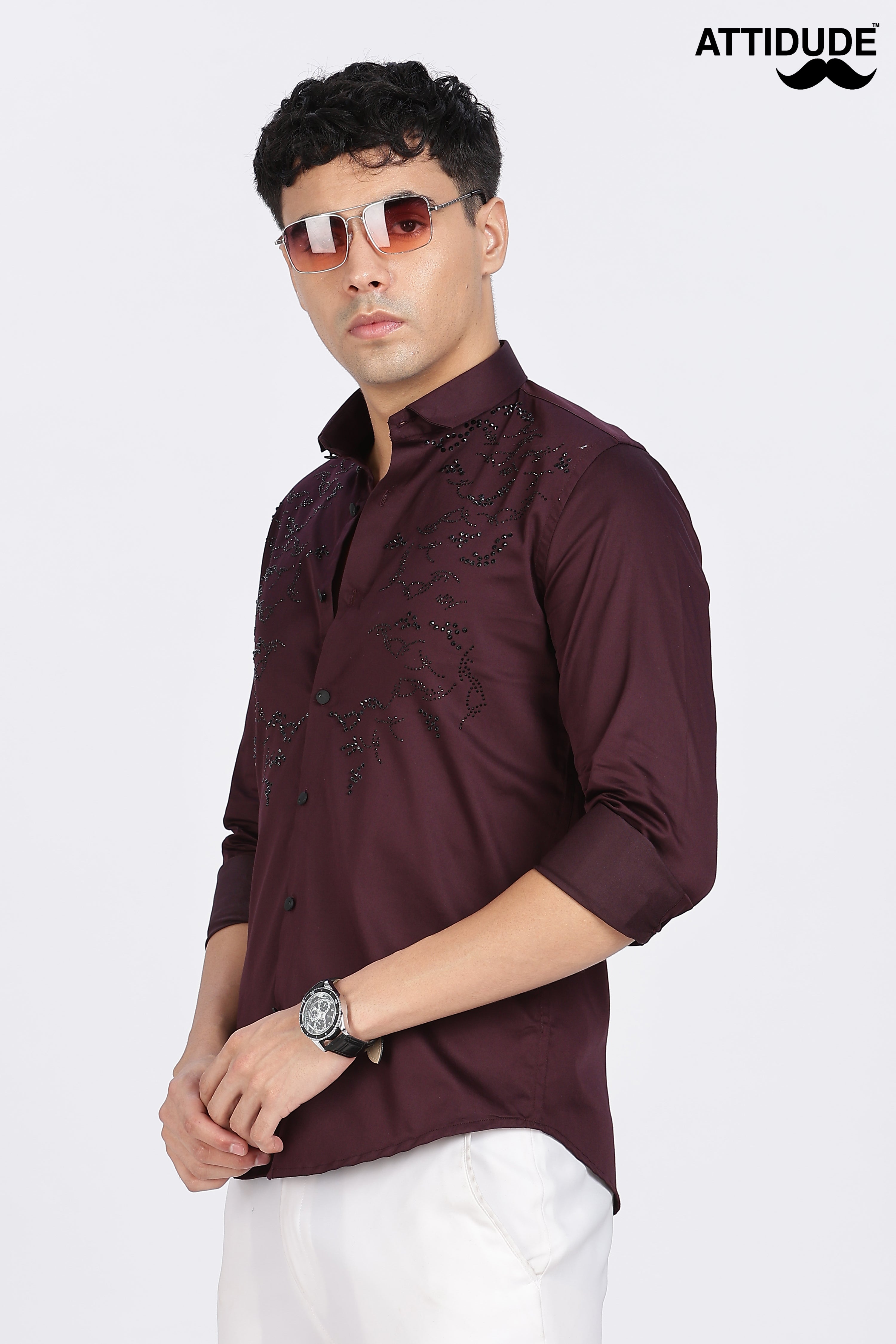 Maroon Stoned Full Sleeve Stoned Shirt