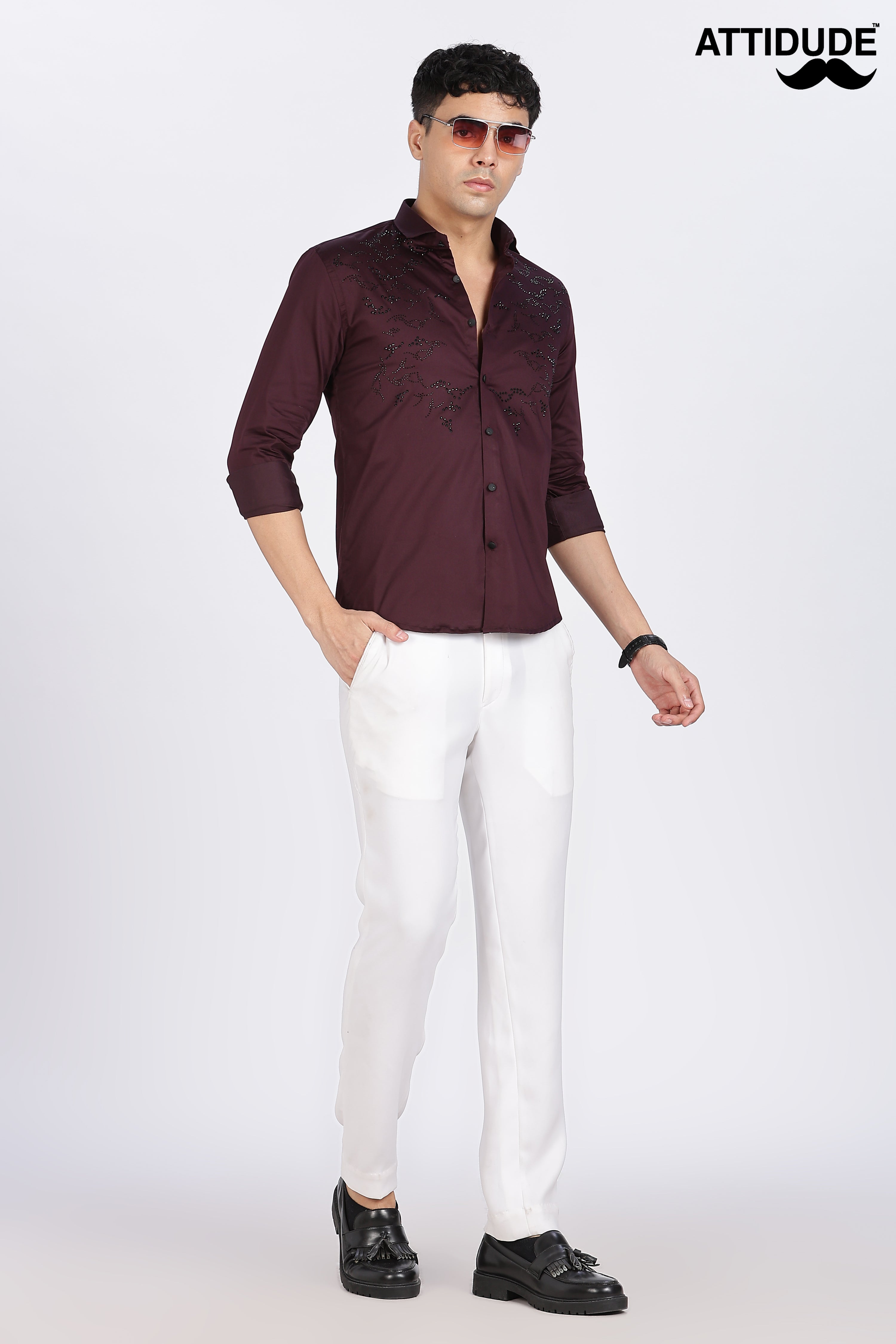 Maroon Stoned Full Sleeve Stoned Shirt